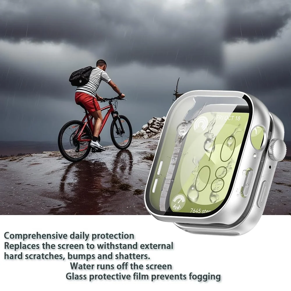 DL3 Mobilak Case Compatible with Huawei Watch Fit 3, Full Coverage Slim Hard Case Protective Bumper Built-in Tempered Glass Screen Protector Shell for Huawei Watch Fit 3 - Silver