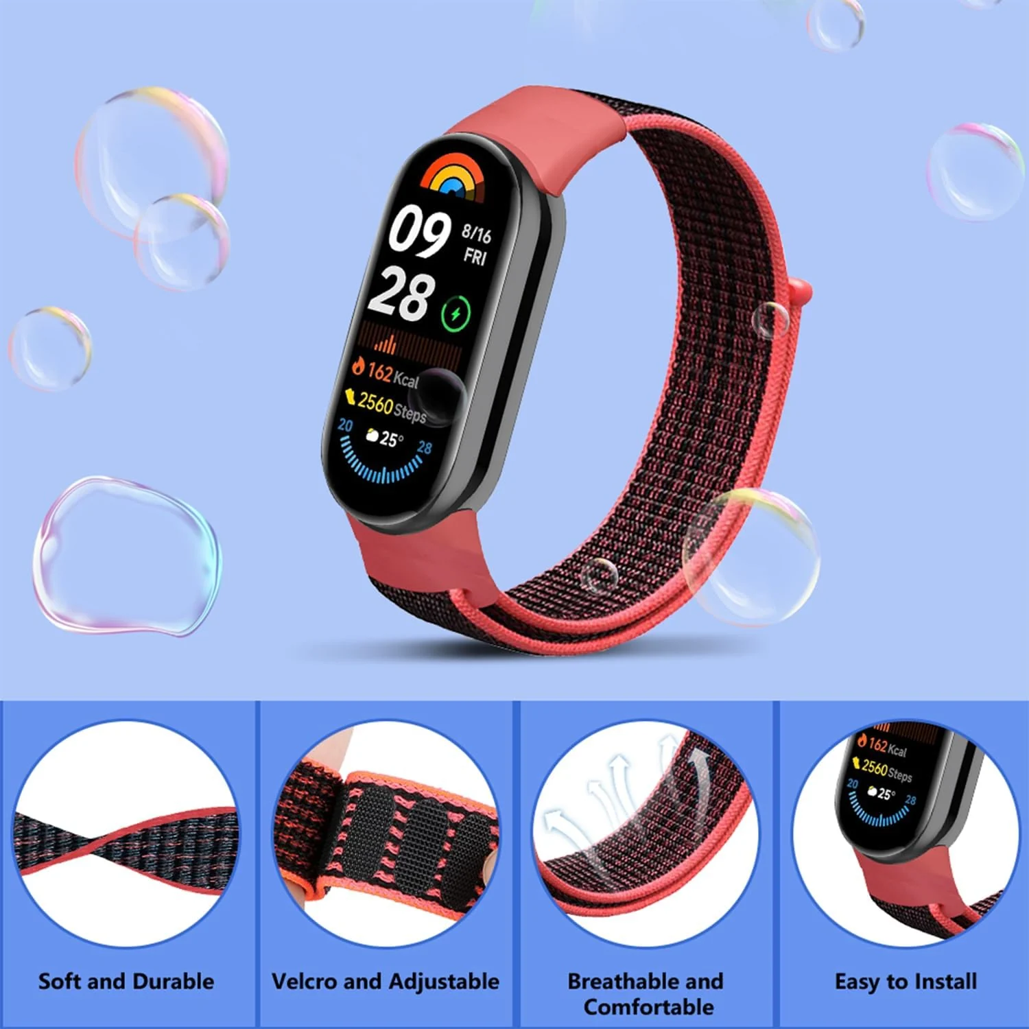 DL3 Mobilak Nylon Sport Band Compatible with Xiaomi Mi Band 10/9/8 for Women Men, Soft Adjustable Breathable Sport Loop Watch Strap Replacement Wristband for Xiaomi Smart Band 8/9/10 - Red Black