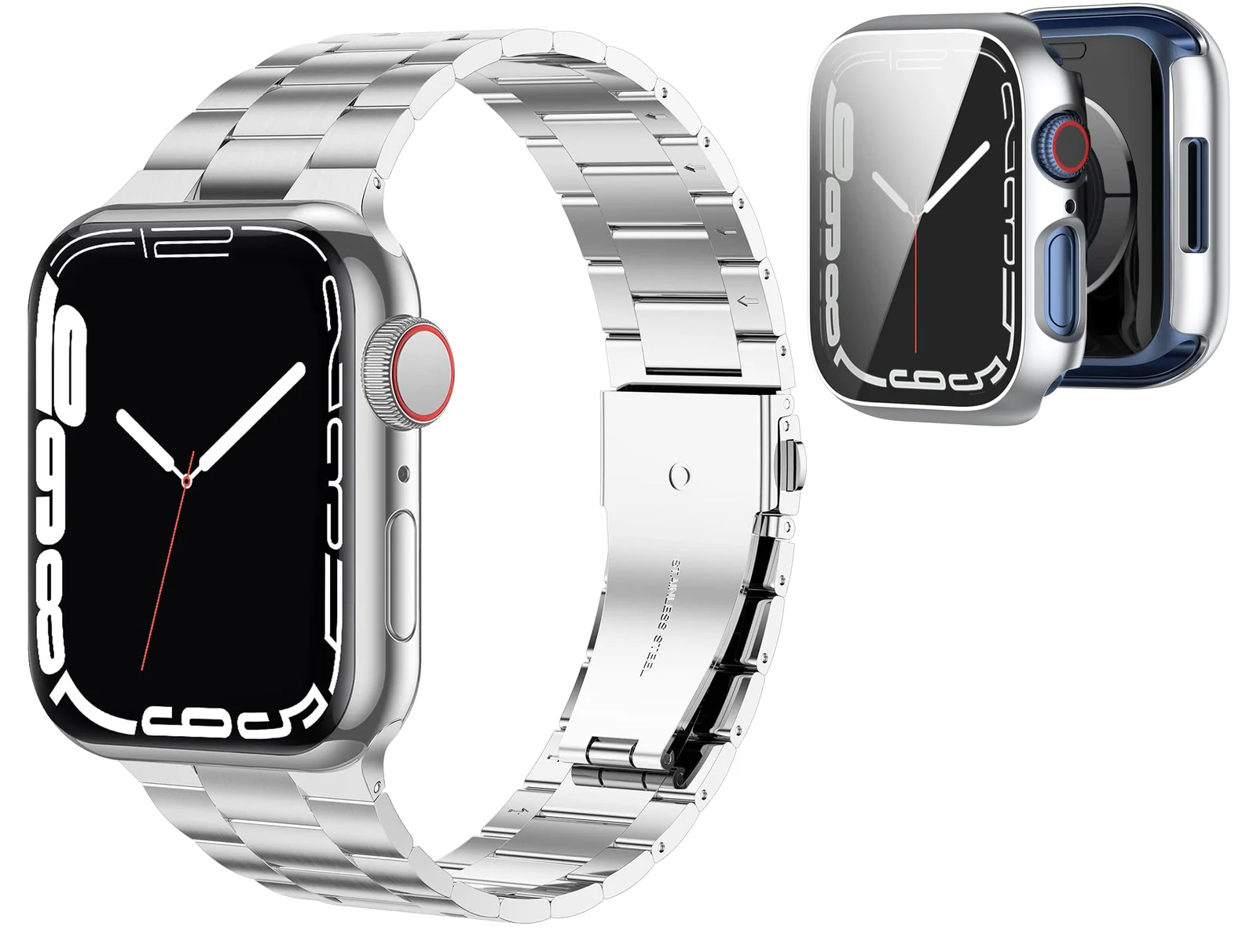 DL3 Mobilak Stainless Steel Band with Case Compatible with Apple Watch Band 45mm Series 9/8/7, Men Woman Business Strap with Protective Bumper Cover for iWatch Series 7/8/9 45mm - Silver