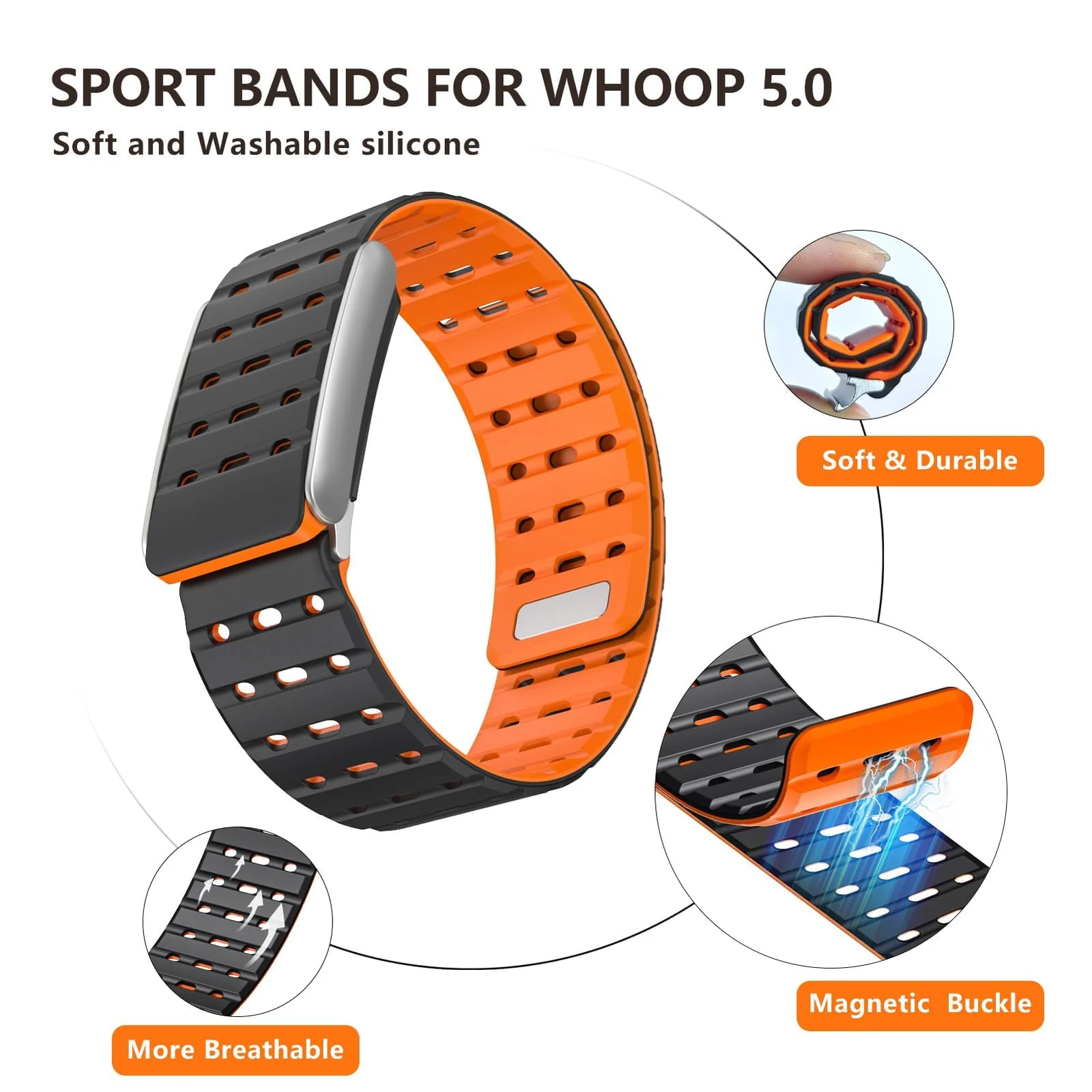 DL3 MOBILAK Adjustable Silicone Sports Watch Strap for Whoop 5.0 - Black/Orange