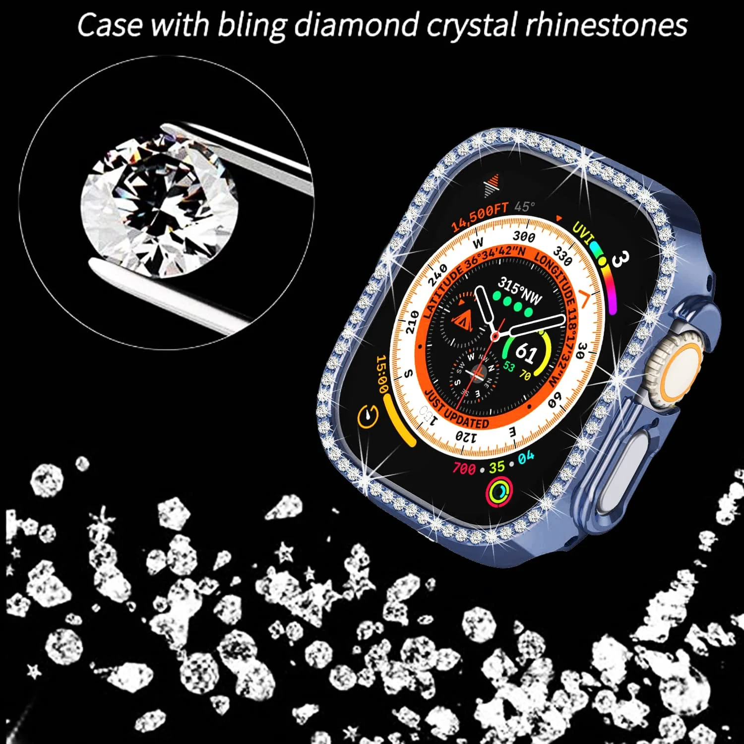 DL3 Mobilak Compatible with Apple Watch Ultra 49mm Bling Diamond Case PC Bumper Protective Cases Women Girls Crystal Shining Rhinestone Cases Smartwatch Accessories Case - Blue