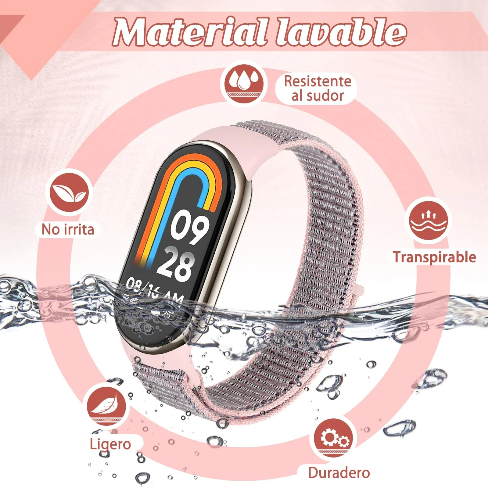 DL3 Mobilak Nylon Sport Band Compatible with Xiaomi Mi Band 10/9/8 for Women Men, Soft Adjustable Breathable Sport Loop Watch Strap Replacement Wristband for Xiaomi Smart Band 8/9/10 - Pink Sand