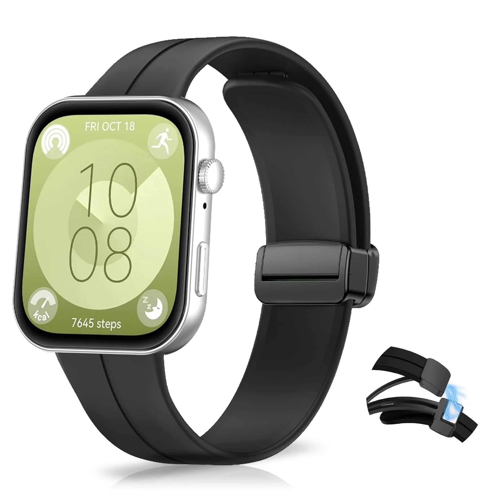DL3 Mobilak Silicone Strap Compatible with Huawei Watch Fit 3 Magnetic Metal Stainless Buckle Sport Silicone Strap for Huawei Watch Fit3 Band Quick Release Soft Replacment Wristband - Black