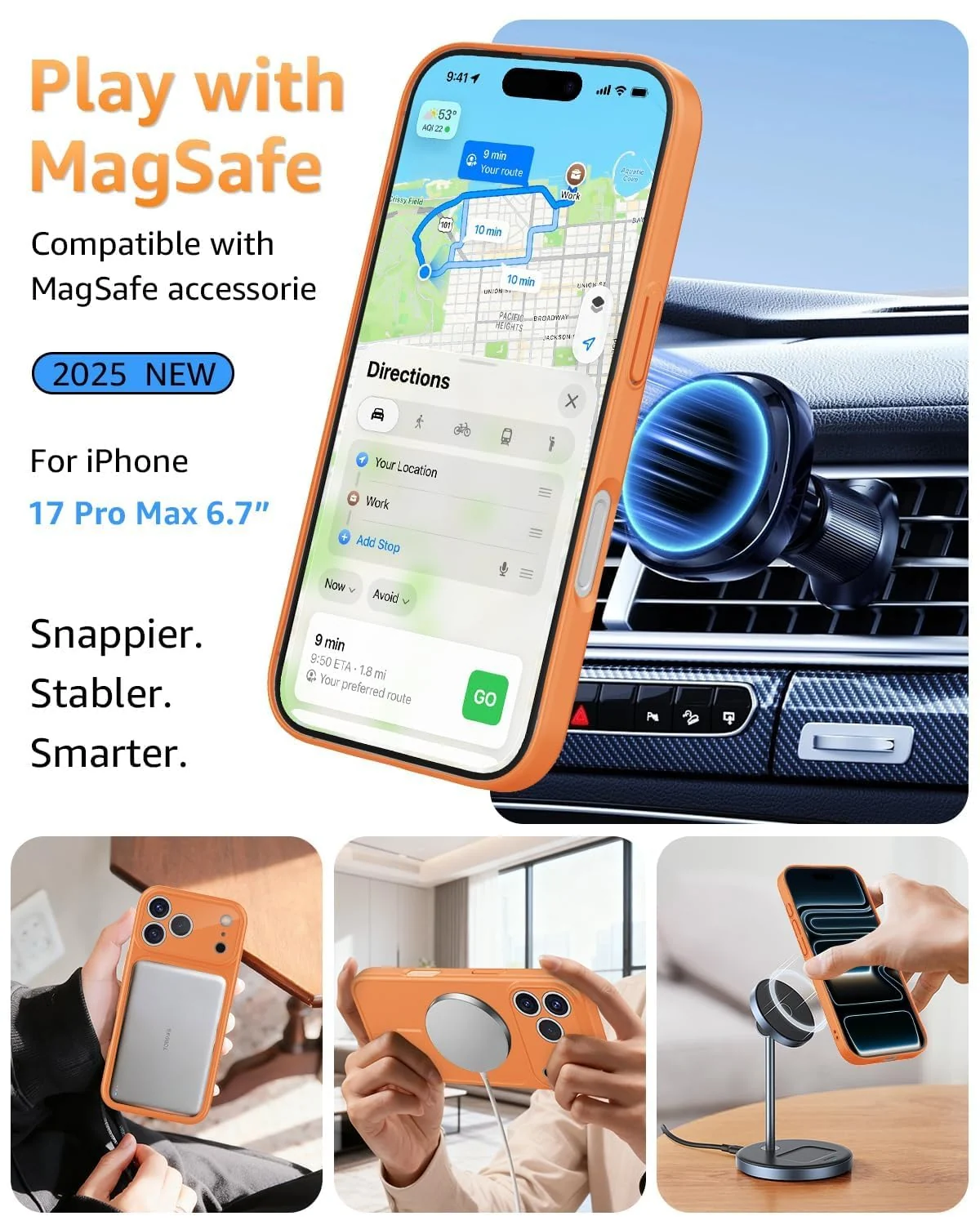 DL3 Mobilak Case for iPhone 17 Pro, Converter Design Cover, Compatible With MagSafe, Case with Glass Camera Panel, Built-in Camera Guard, Slim Shockproof Cover - Orange