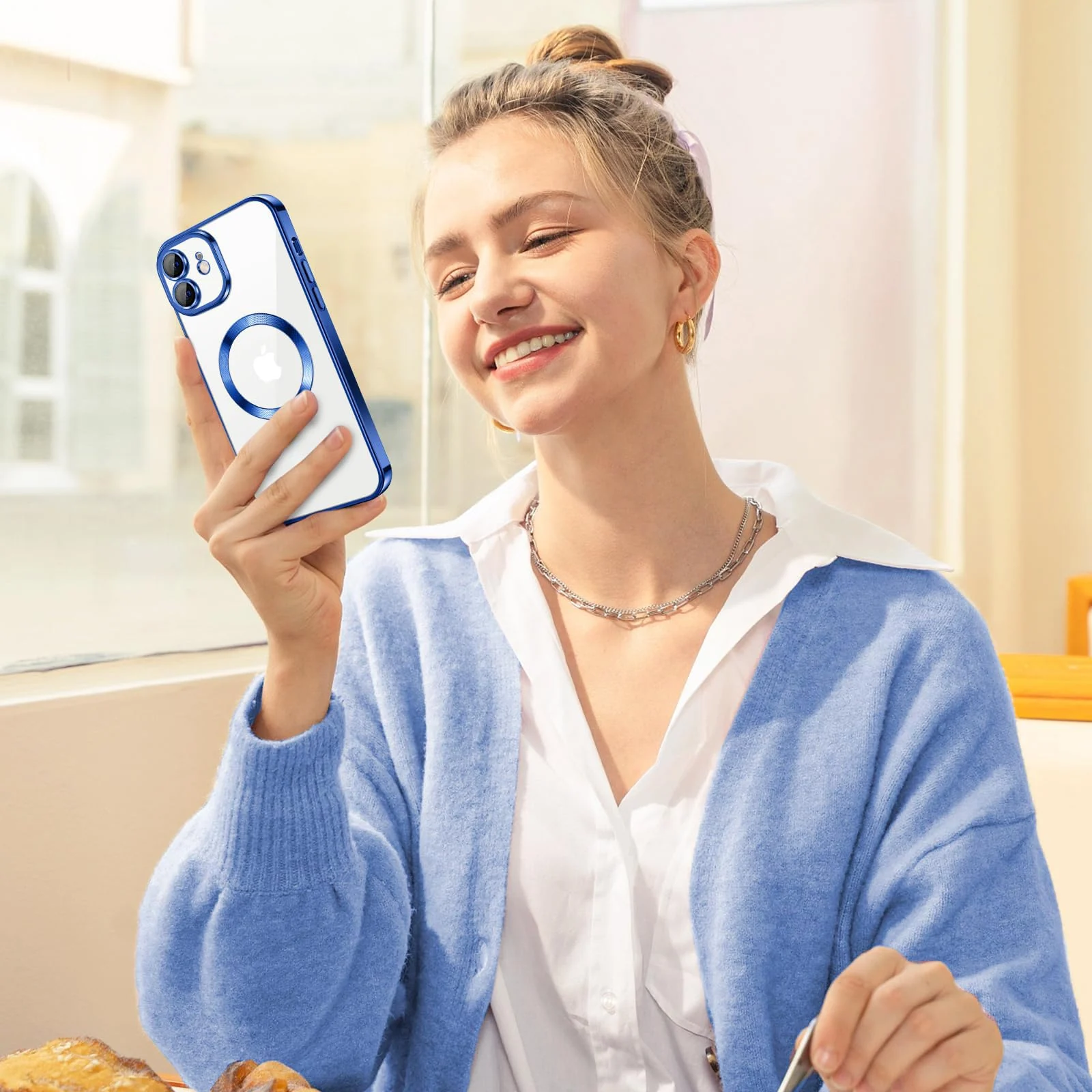 DL3 Mobilak Clear Case for iPhone 12 6.1-Inch with Built-in Camera Lens Protector, Slim Luxury Plating Edge Soft TPU Cover Protective, Transparent Case for Women Girls Men - Blue