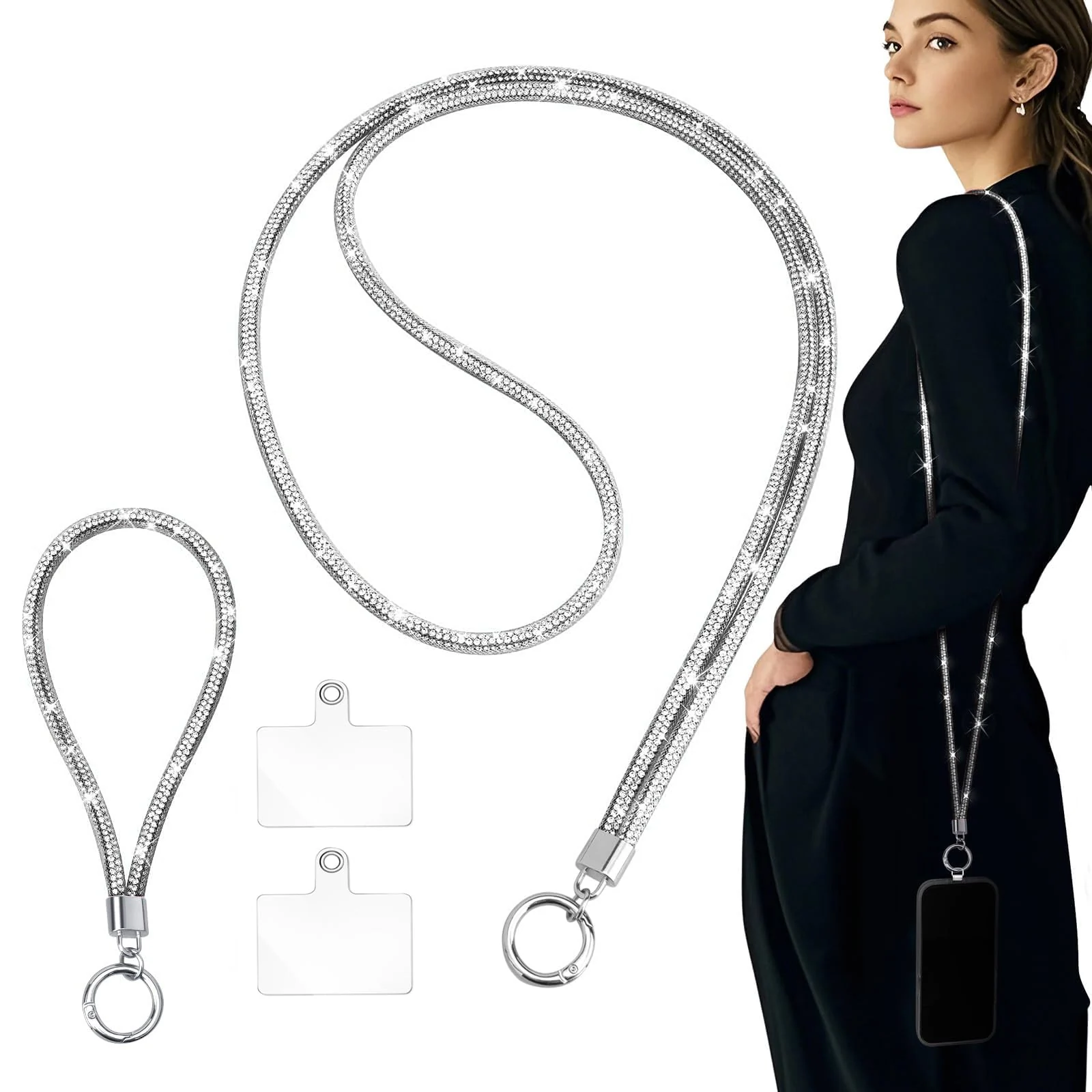 DL3 Mobilak Universal Phone Lanyard Crossbody, Rhinestone Cell Phone Chain Anti-Theft with 1× Shiny Phone Strap, 1× Wrist Strap, 2× Pads for Most Smartphones, Phone Neck Holder for Women - 2pcs Silver
