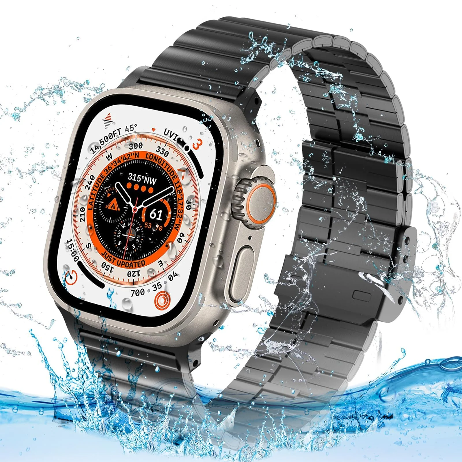 DL3 Mobilak Case with Strap For Apple Watch Ultra 2 49mm Stainless Steel Metal Straps, Hard PC Case With Glass Screen Protector Cover with Strap Bands for Apple Watch Ultra 49mm - Black