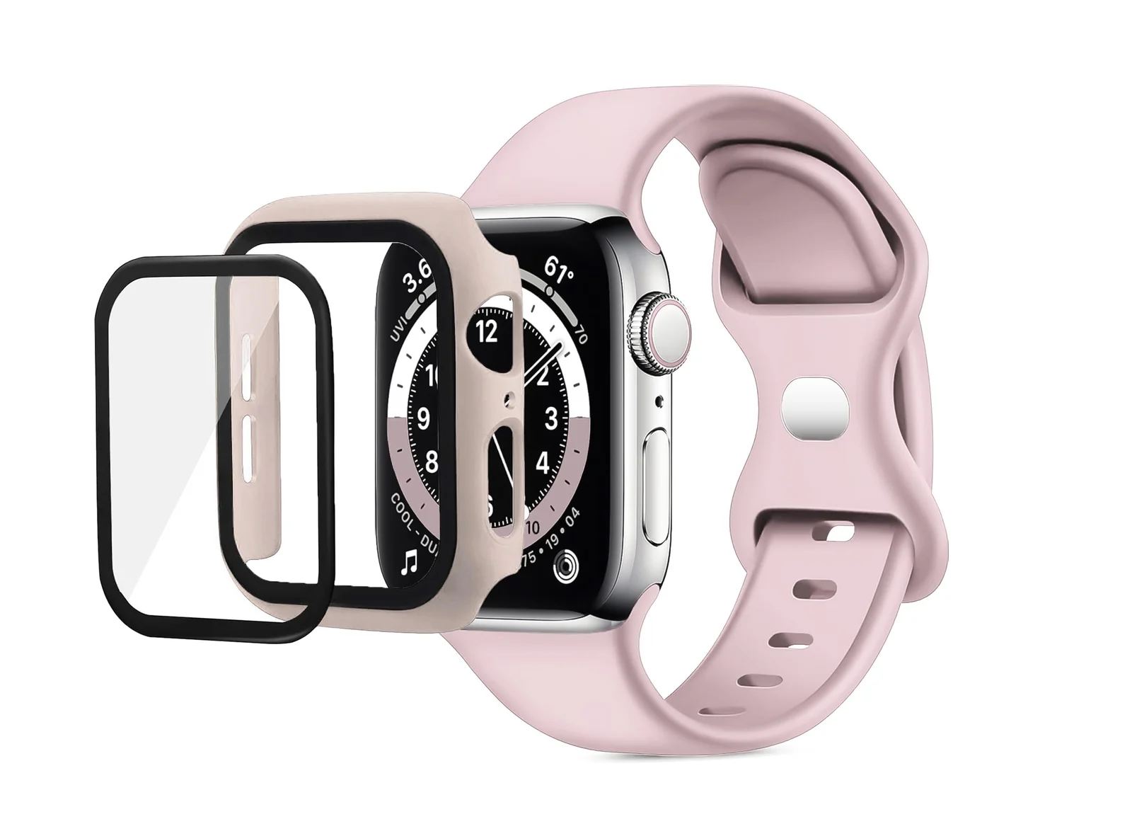 DL3 Mobilak Band with Case Compatible with Apple Watch 44mm, Silicone Sport Wristband Replacement, Strap With Cover Built-in Glass Screen Protector for iWatch Series 6 5 4 SE SE 2 - Pink Sand