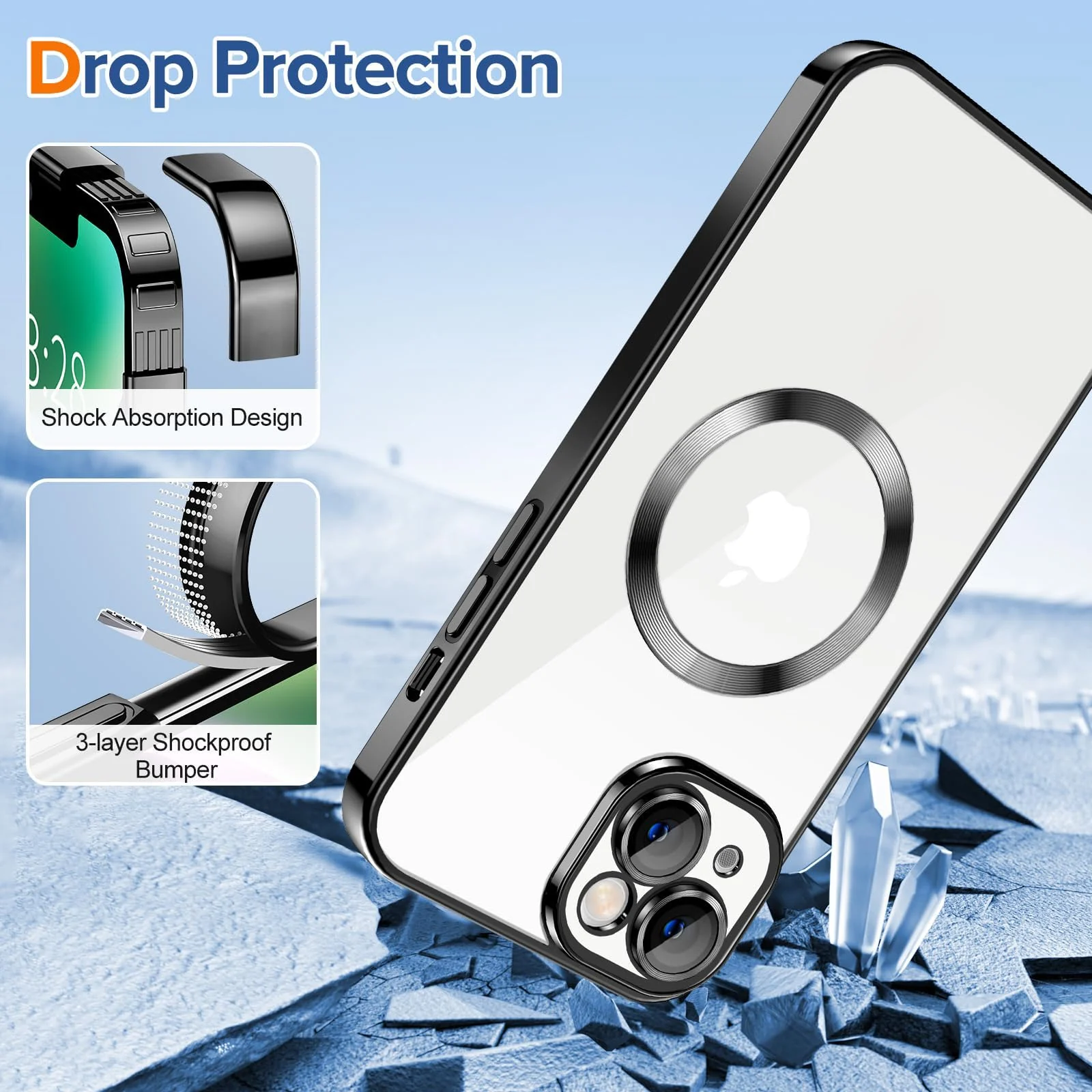 DL3 Mobilak Clear TPU Case with Electroplated Edges for iPhone 14 with Camera Protection and Anti-Yellowing Design - Black