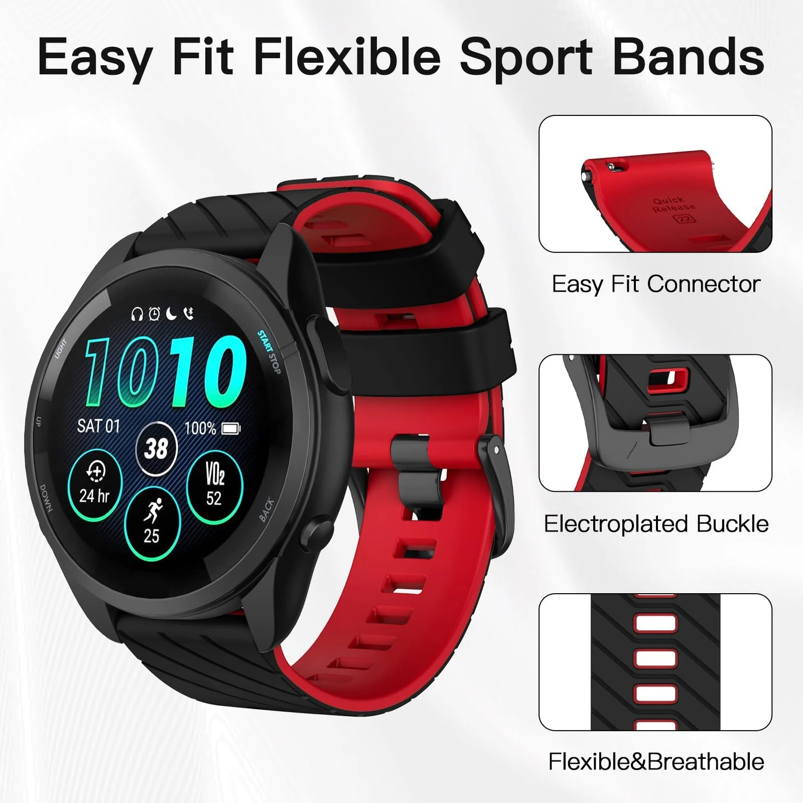 DL3 Mobilak Silicone Sport Band 22MM Strap For Xiaomi Redmi Watch 5 Active/5 Lite/Samsung Galaxy Watch 3 45mm/Watch 46mm/Gear S3/Huawei watch GT5 GT4 GT3 GT2 GT 46MM/GT2E/GT3 Pro/GT 5 Pro - Black/red