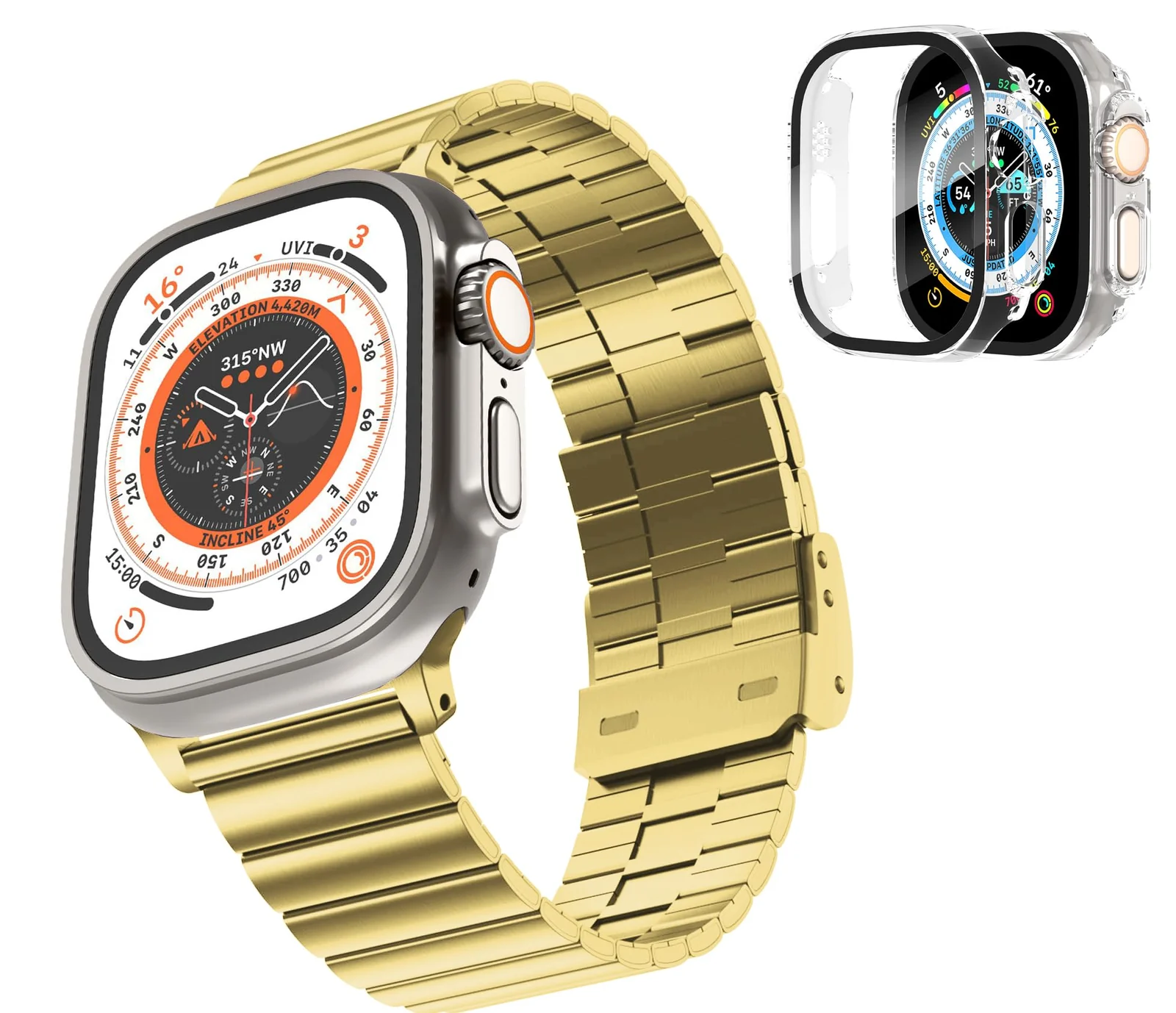 DL3 Mobilak Case with Strap For Apple Watch Ultra 2 49mm Stainless Steel Metal Straps, Hard PC Case With Glass Screen Protector Cover with Strap Bands for Apple Watch Ultra 49mm - Gold Yellow