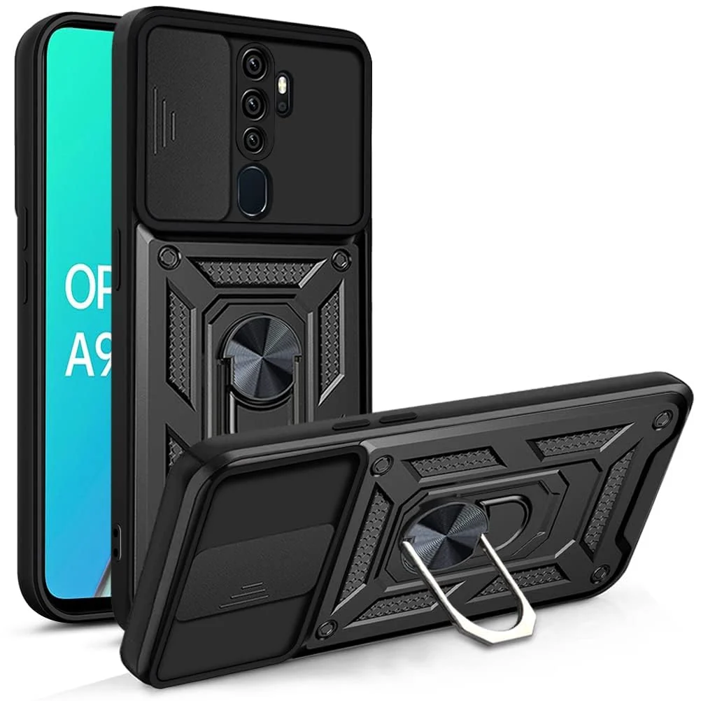 DL3 Mobilak Military-Grade Protective Case with Sliding Camera Cover, Metal Ring Kickstand and Magnetic Car-Mount Support for OPPO A9 2020 / OPPO A5 2020 - Black