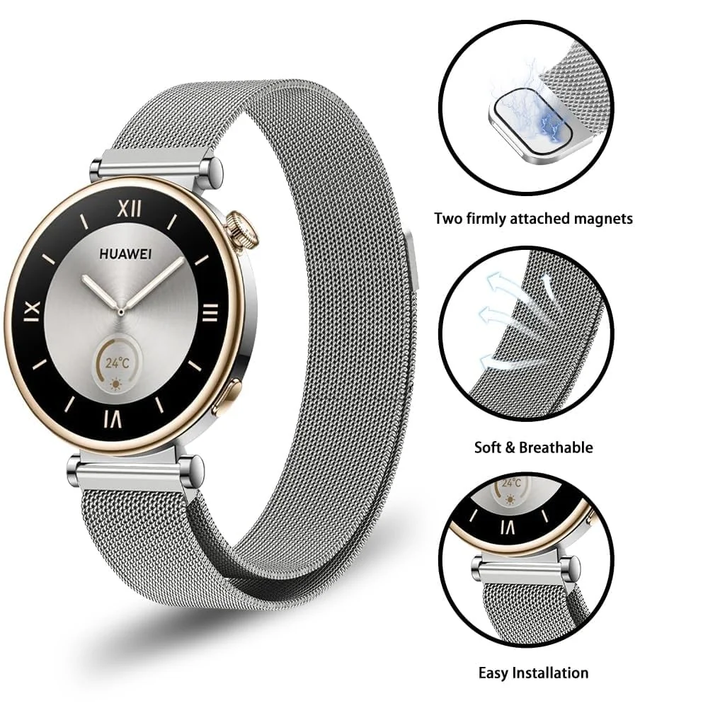 MOBIGON 18mm Magnetic Milanese Steel Watch Strap for Huawei GT 4 / 5 / 6, Watch 5, Garmin Venu 3S & Fossil Gen 6, Silver