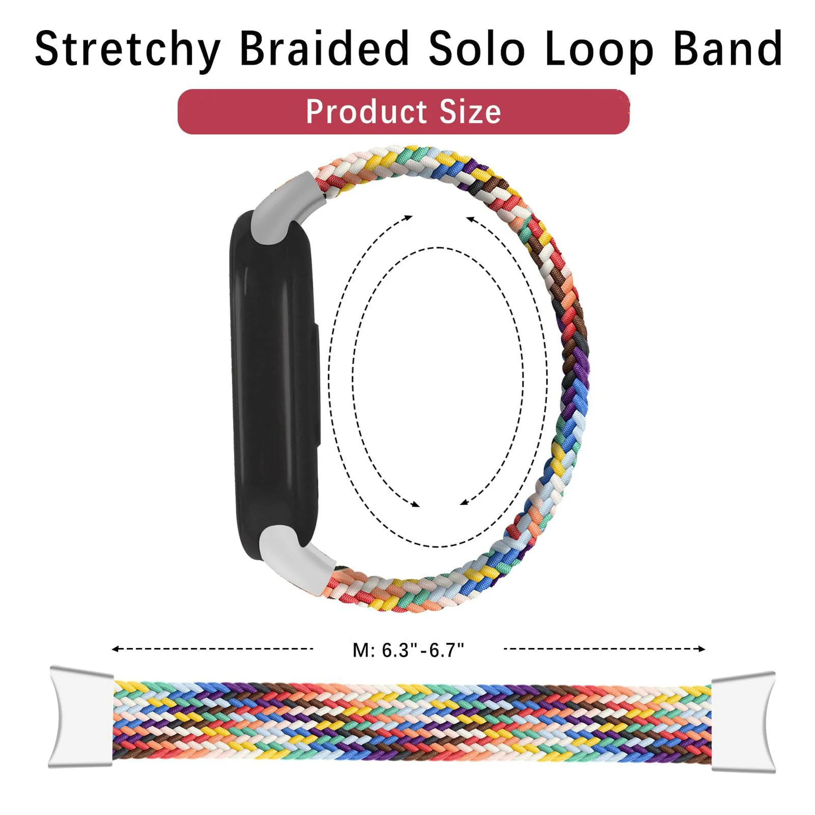 DL3 Mobilak Braided Solo Loop Band for Xiaomi Mi Band 9/Xiaomi Mi Band 8 Strap Women Men, Soft Elastic Nylon Replacement Wristband for Xiaomi Smart Band 9/8 Strap - Official Rainbow
