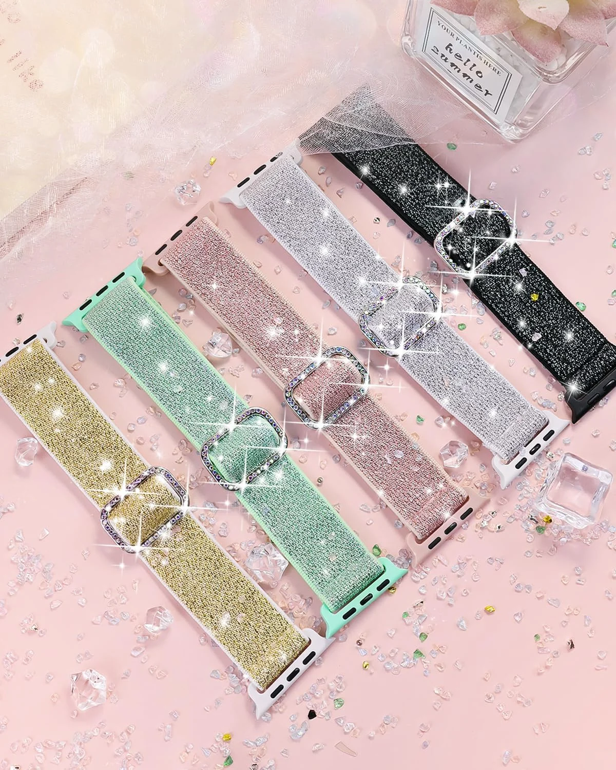 DL3 Mobilak Stretchy Bling Band For Apple Watch 49mm 46mm 45mm 44mm 42mm Women, Nylon Sparkly Strap Solo Loop Glitter Wristband for iWatch Series 11 10 9 8 7 6 5 4 SE3 SE2 SE Ultra 3 2 1 - Pink