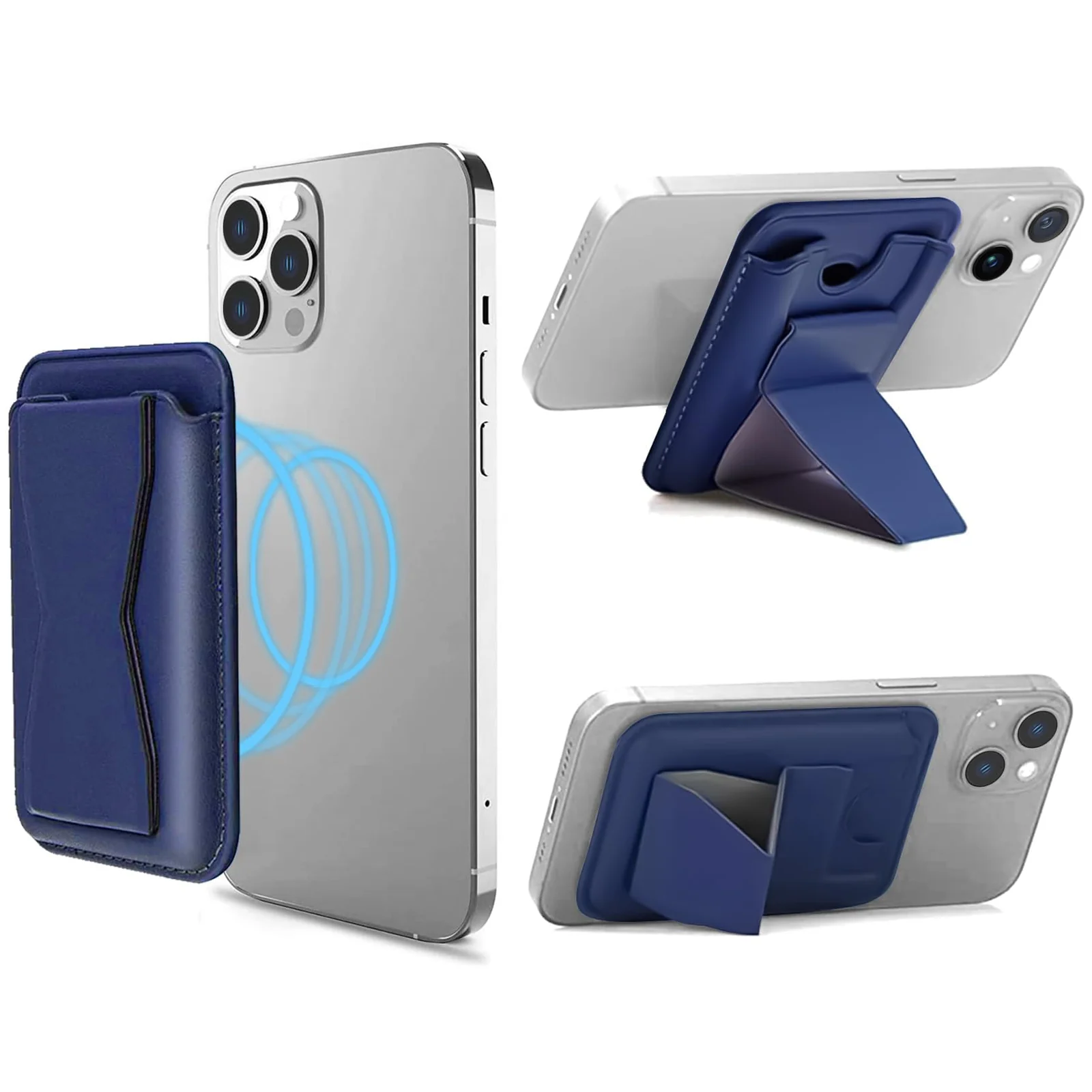 DL3 Mobilak Phone Card Holder for MagSafe Wallet, Vegan Leather Magnetic Mobile Phone Stand, Magnetic Wallet Stand, for iPhone 16 15 14 13 12 Pro Max Plus - Blue
