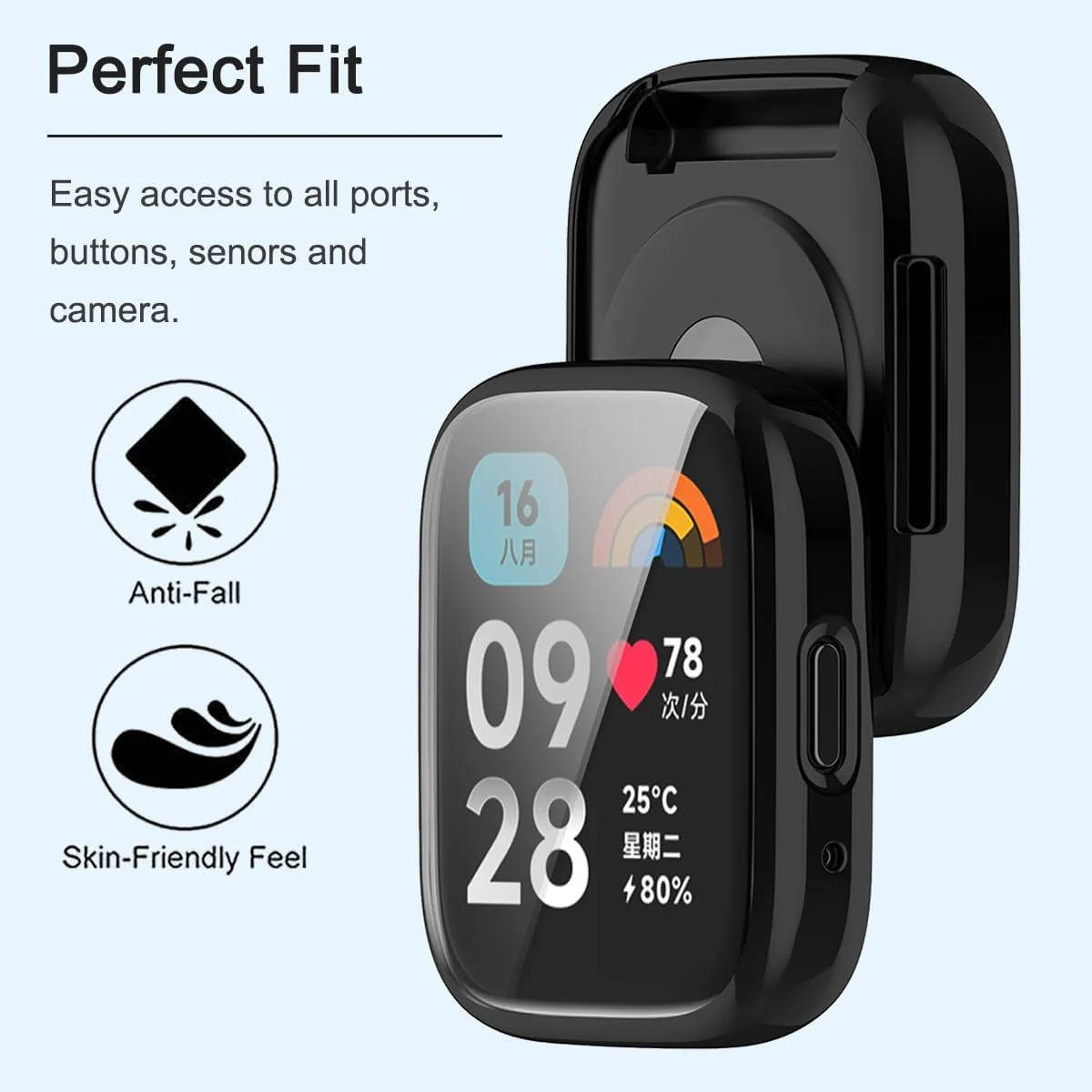 DL3 Mobilak Case for Xiaomi Redmi Watch 3 Lite/Active With Built-in Screen Protector, All-Around Soft TPU Shockproof Cover, Slim Guard Thin Bumper Shell Protector - Black
