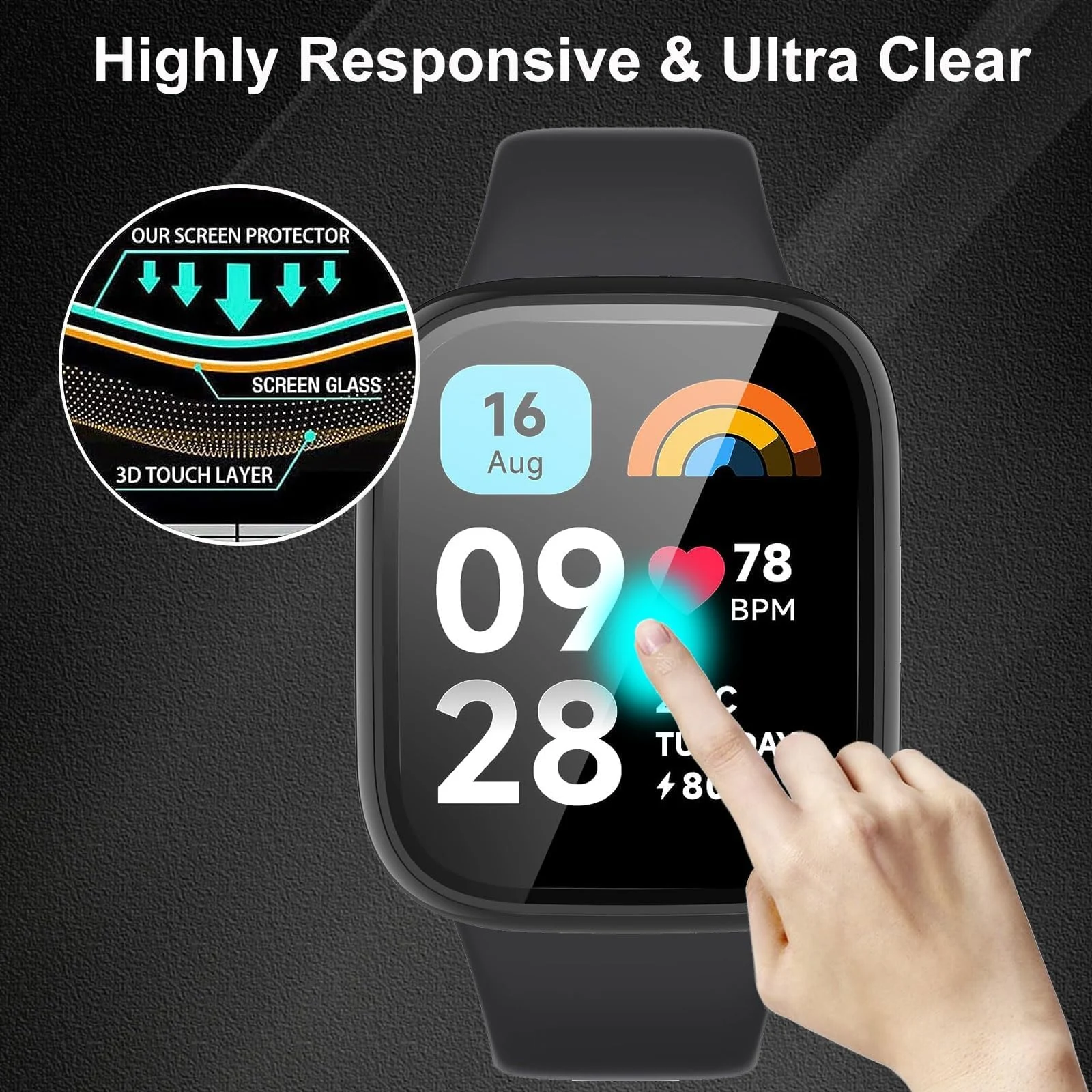 DL3 Mobilak Case with Screen Protector for Xiaomi Redmi Watch 3 Active/Redmi Watch 3 Lite, Bumper Full Coverage Hard PC Overall Protective Cover, Built-in Tempered Glass High Sensitivity - Black