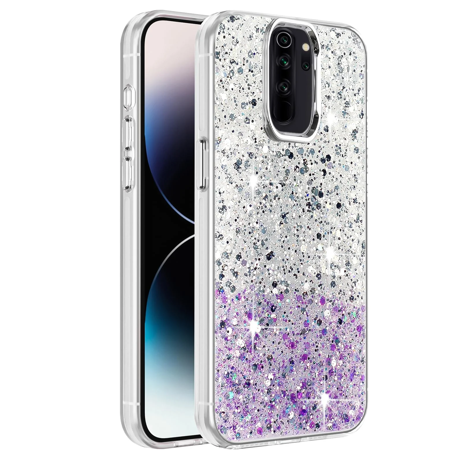 DL3 Mobilak Glitter Protective Case for Xiaomi Redmi Note 8 Pro, Supports wireless charging, Camera protection, Shock-absorbing protection - White Purple