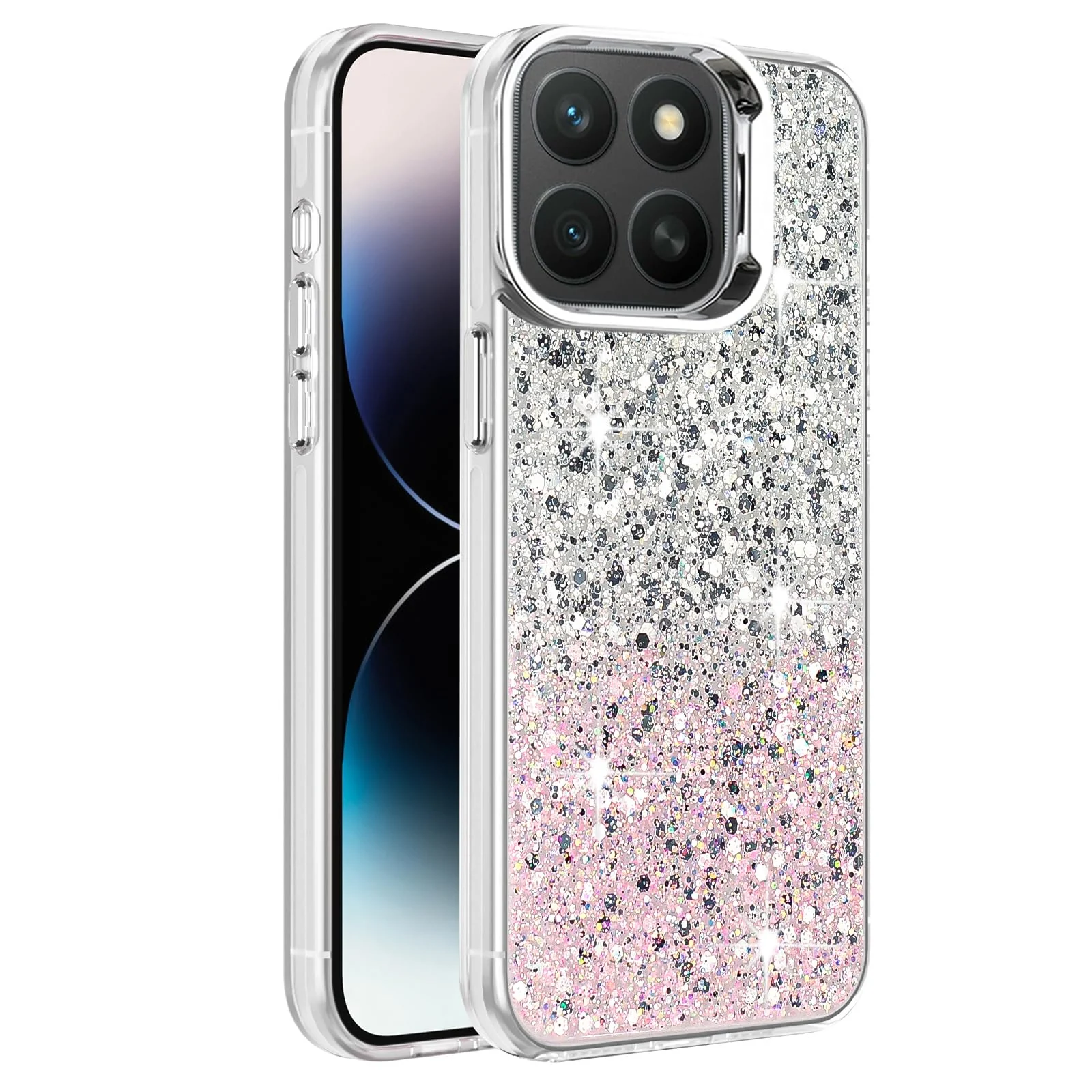 DL3 Mobilak Compatible with Honor X8c Case, Clear Glitter Bling Sparkly, Soft TPU Frame Bumper, Hard-Back Cover for Women & Girls, Transparent Protective Phone Case - White Pink