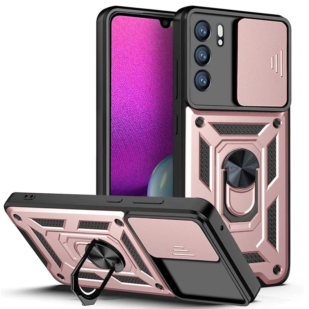 Dl3 Mobilak Case for Oppo Reno 6 4G (Not 5G) with Slide Camera Cover, Military Grade Shockproof Protective Cover with Rotatable Metal Ring Kickstand [Support Magnetic Car Mount] (Blue)