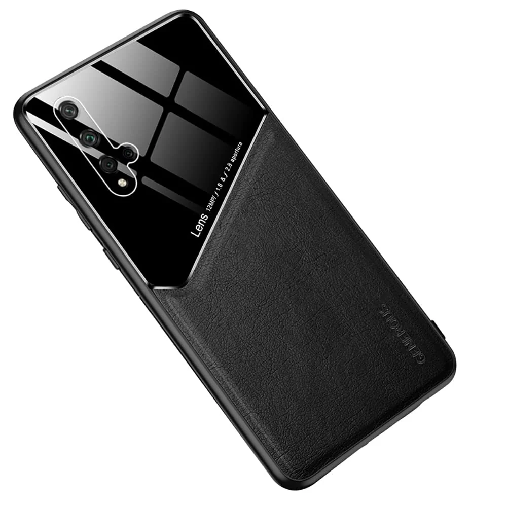 DL3 Mobilak Leather and PC Protective Case for Huawei Nova 5T / Honor 20, Built-in magnetic car-mount support, Shock-absorbing protection, Raised edges around the screen and camera - Black