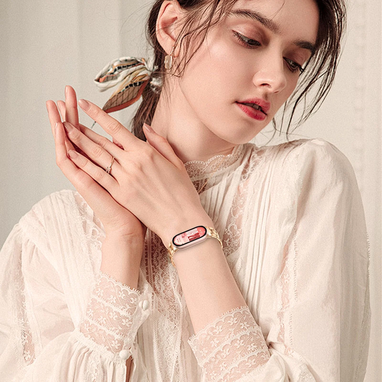 MOBIGON Stainless Steel Bracelet Strap with Double-Folding Clasp for Xiaomi Smart Band 8 / 9 / 10, Rose Gold