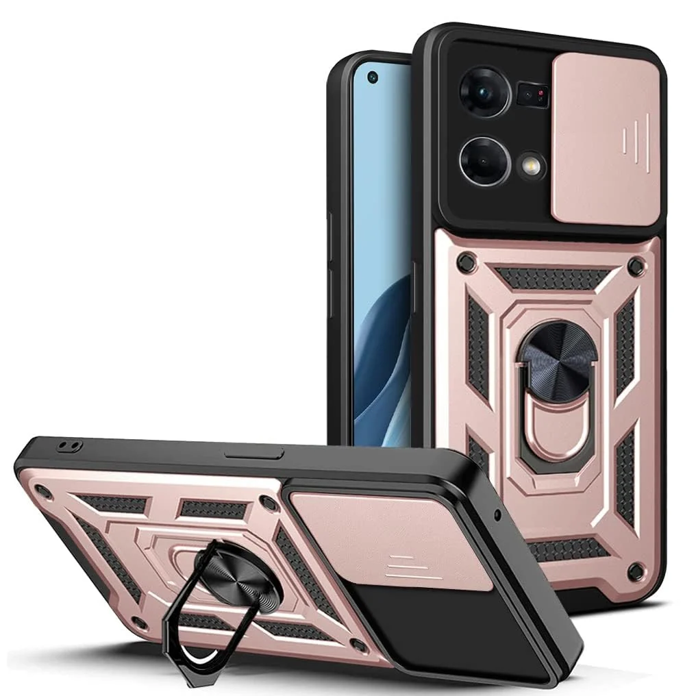 DL3 Mobilak Protective Case with Sliding Camera Cover, Metal Ring Kickstand and Magnetic Car-Mount Support for OPPO Reno 8 4G / Reno 7 4G / F21 Pro 4G / F21S Pro 4G - Rose Gold