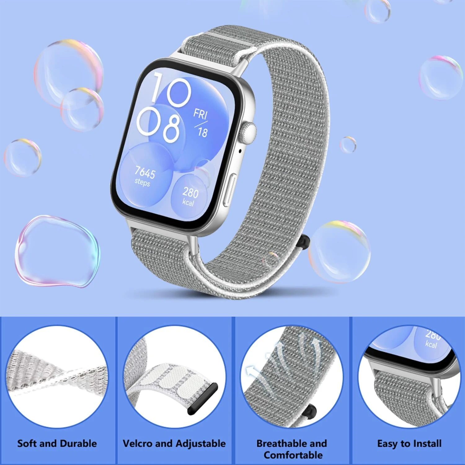 DL3 MOBILAK Nylon Strap for Huawei Watch Fit 5 / Fit 5 Pro / Fit4 / 4 Pro/Fit 3 Band, Men and Women Breathable Elastic Bracelet, Adjustable Straps Replacement Band Sport Watchband - Gray