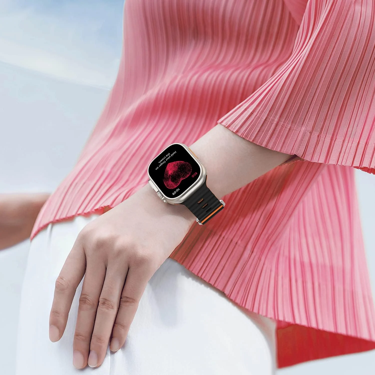 DL3 Mobilak Ocean Band For Apple Watch Ultra 49mm 45mm 44mm 42mm, Waterproof Soft Silicone Sport Wristbands Replacement Strap iWatch Ultra SE 8 7 6 5 4 3 2 1 (42MM/44MM/45MM/49MM) - Black Orange