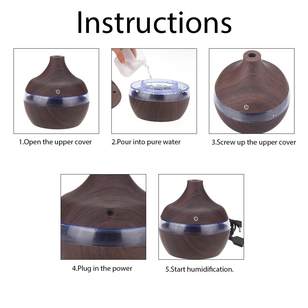 Mobigon Wood Cool Mist Ultrasonic Humidifier for Room Moisture, Aroma Diffuser for Home, 300ml Essential Oil Diffuser with 7 Colorful Night Light, Auto Shut-Off, Home, Office, car - D. Dark Brown