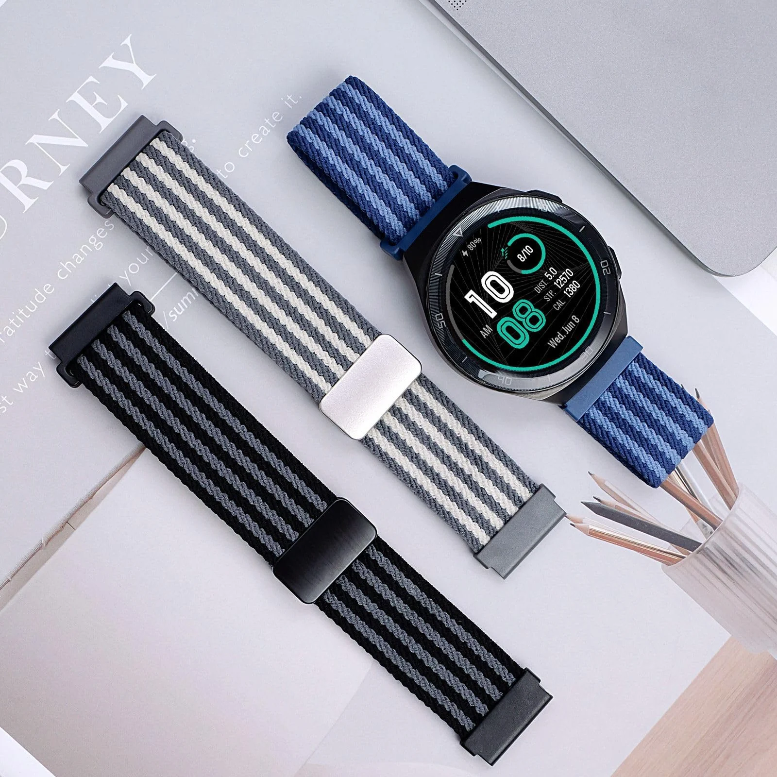DL3 Mobilak 18mm Nylon Braided band compatible with Huawei Watch GT6 41mm/GT5 Pro 42mm/GT5 41mm/GT4 41mm/Huawei Watch 5 42mm, Magnetic Buckle Stretchy Nylon Strap for Garmin Venu 2S/3S/Vivomove 3S/Vivoactive 4S - Brown Striped