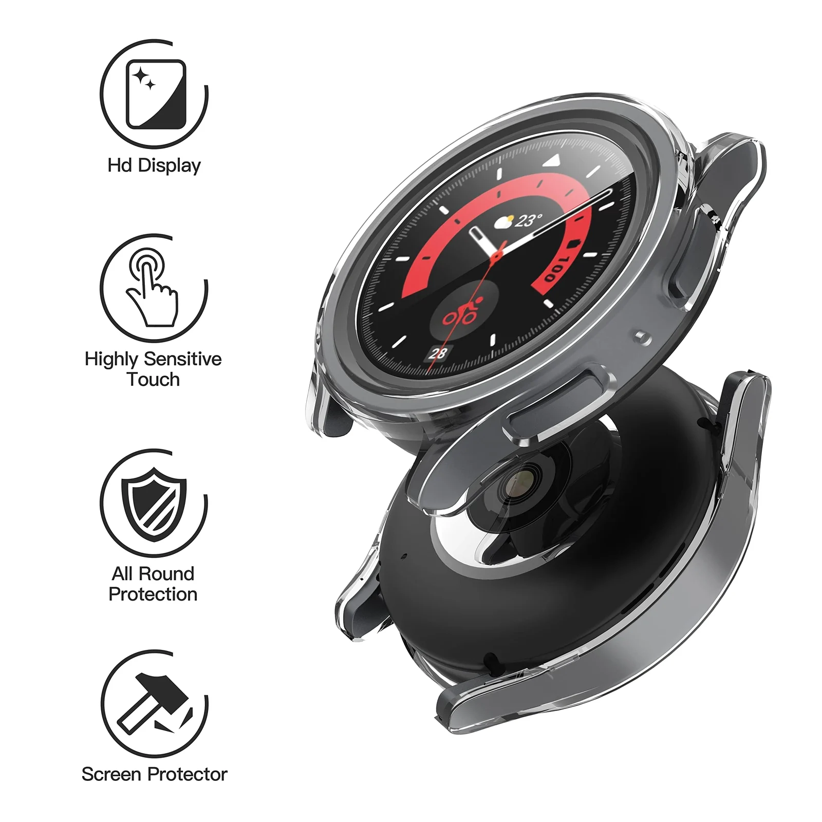 DL3 Mobilak Protective Case Compatible with Samsung Galaxy Watch 5 Pro 45mm 9H Hardness PC Case Bumper Full Slim Protective Cover with Tempered Glass For Samsung Galaxy Watch5 Pro 45mm - Clear