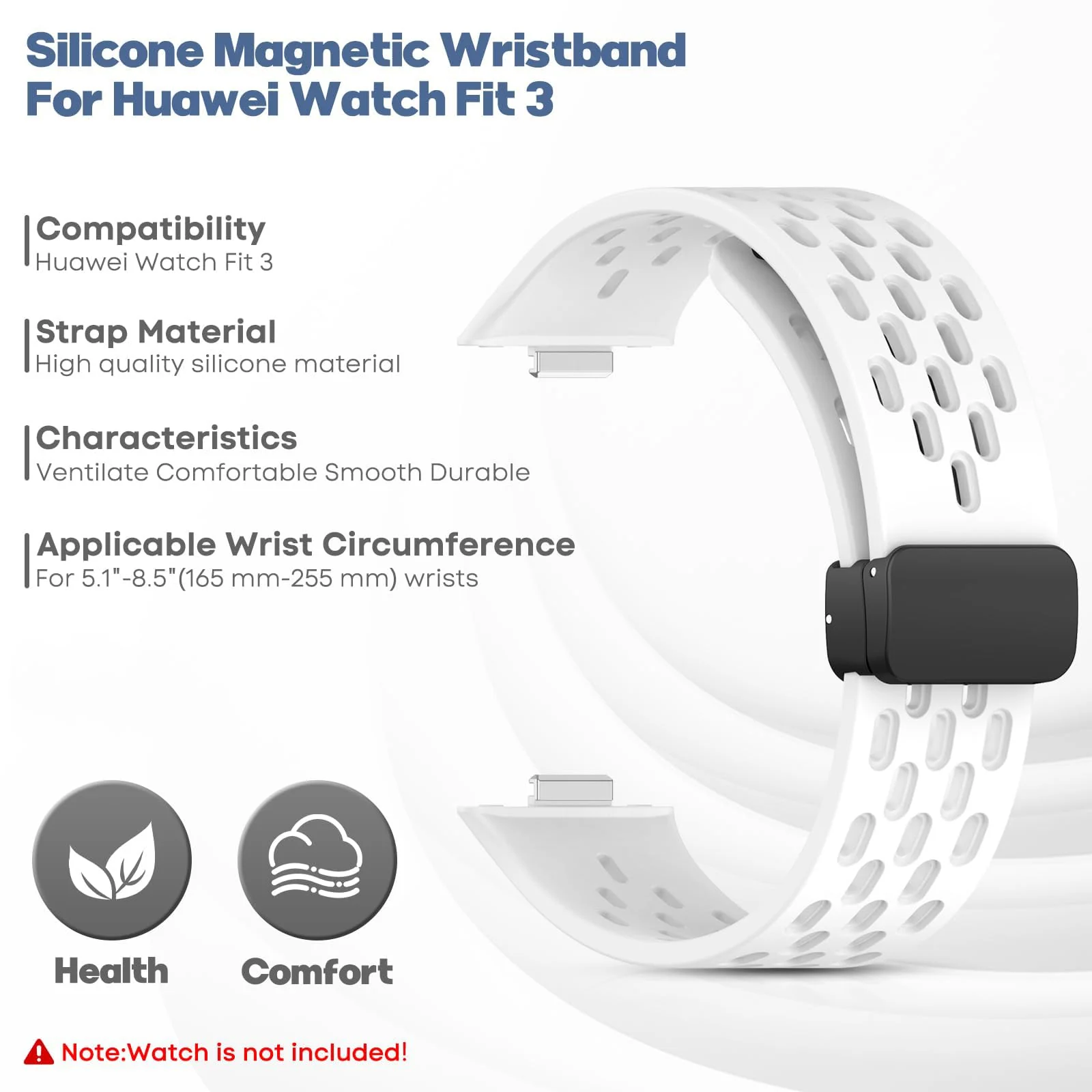 DL3 Mobilak Silicone Strap Compatible with Huawei Watch Fit 3/Fit 4/Fit 4 Pro Magnetic Metal Buckle Sport Silicone Breathable Strap for Men Women Band Quick Release Soft Replacment Wristband - White