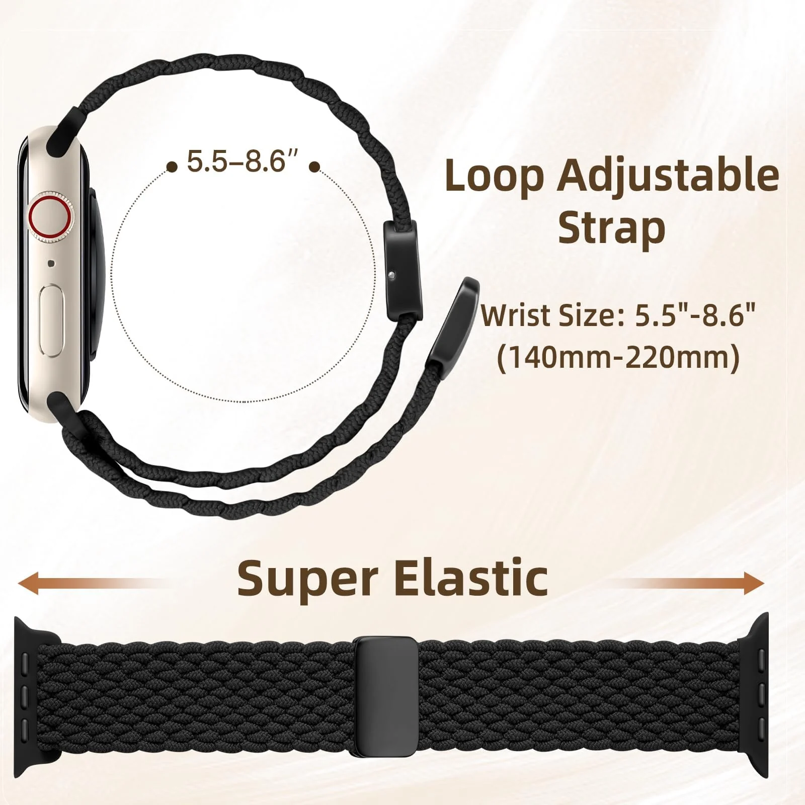 DL3 Mobilak Sport Solo Loop Compatible with Apple Watch Band 42mm 44mm 45mm 46mm 49mm for Women Men, Magnetic Strap Stretchy Braided Wristband for iWatch Series 11 10 9 8 7 6 5 4 3 Ultra 3 2 1 SE SE2 - Black