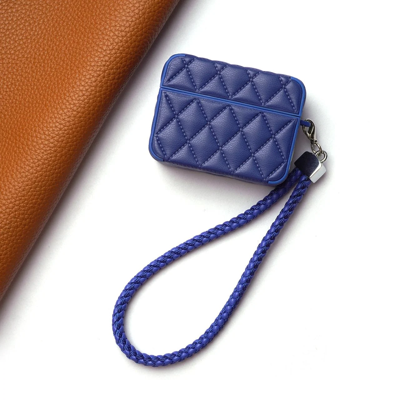 MOBIGON Diamond-Quilted PU Leather Case with Lanyard for Apple AirPods Pro 1 / 2, Blue