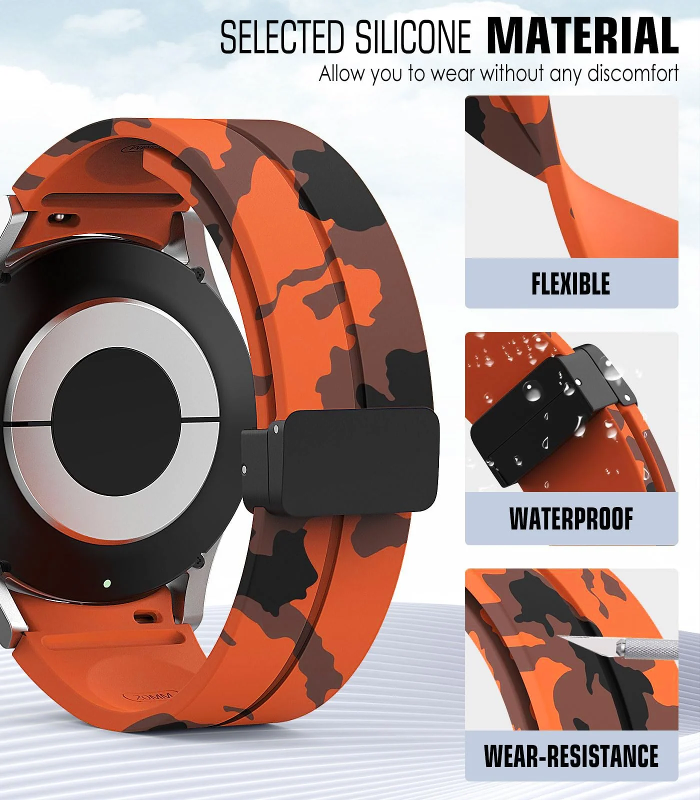 DL3 Mobilak Strap Compatible with Samsung Galaxy Watch 7 FE 6 5 4 Strap 40mm 44mm/Watch 6 Classic 43mm 47mm/5 Pro 45mm/4 Classic 42mm 46mm, No Gap Magnetic Clasp Silicone Band - Camouflage Orange