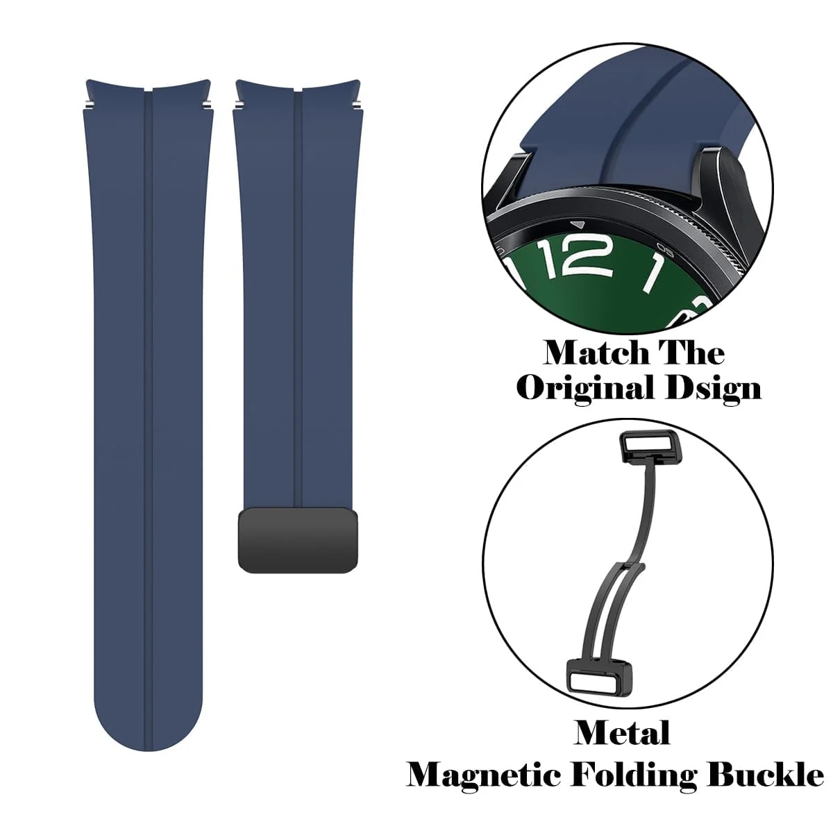 DL3 MOBILAK Magnetic for Samsung Galaxy Watch 6/5/4 Band 40mm 44mm/Galaxy Watch 6 Classic Bands 47mm 43mm/watch 4 Classic 46mm 42mm,Silicone Strap for Samsung Watch 5 Pro 45mm,No Gap Buckle - Dark Blue