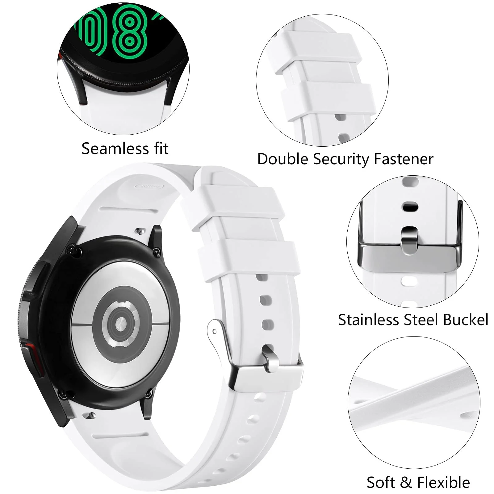 DL3 Mobilak No Gap Bands Compatible with Samsung Galaxy Watch 7 5 4 6 44mm 40mm/Watch5 Pro Band 45mm/Galaxy Watch 4 Classic 46mm 42mm Strap,20mm Quick Release Sport Replacement Strap - White