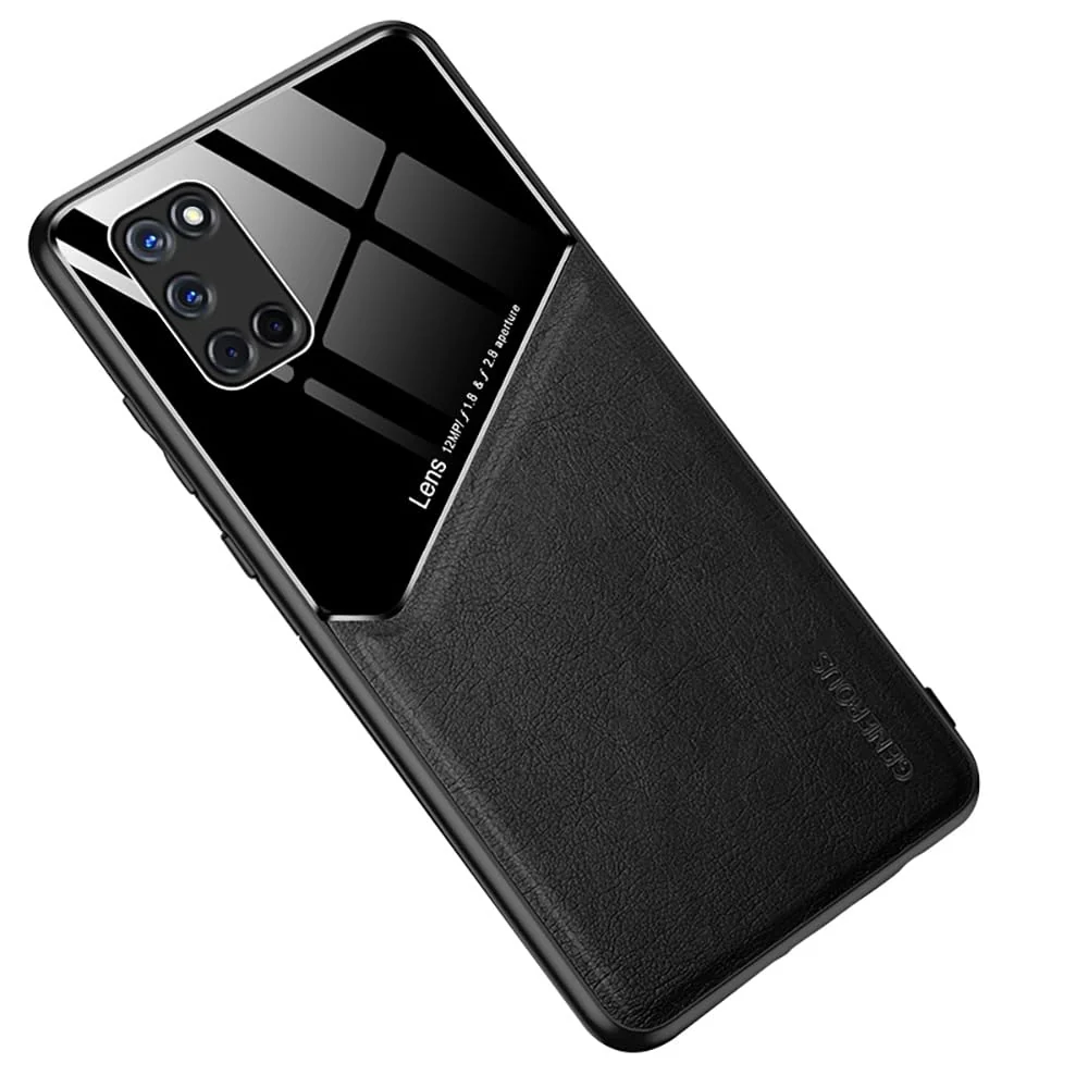 DL3 Mobilak Luxury Case For OPPO A52 / OPPO A72 / OPPO A92, Ultra-Thin Soft TPU Frame, Back Leather Mixed Double+Plexiglass Protective Cover With Built-in Car Magnetic - Black