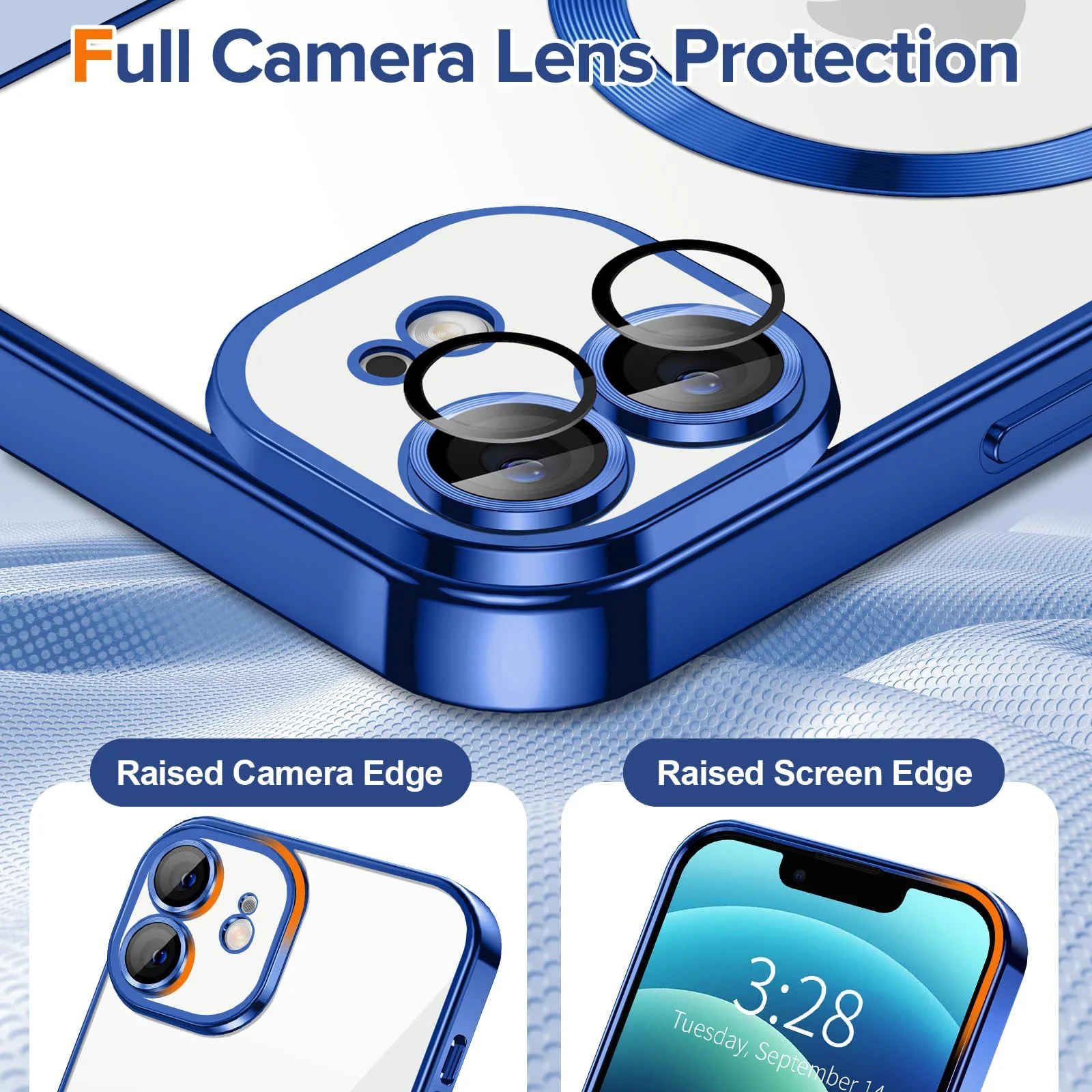 DL3 Mobilak Clear Case for iPhone 12 6.1-Inch with Built-in Camera Lens Protector, Slim Luxury Plating Edge Soft TPU Cover Protective, Transparent Case for Women Girls Men - Blue