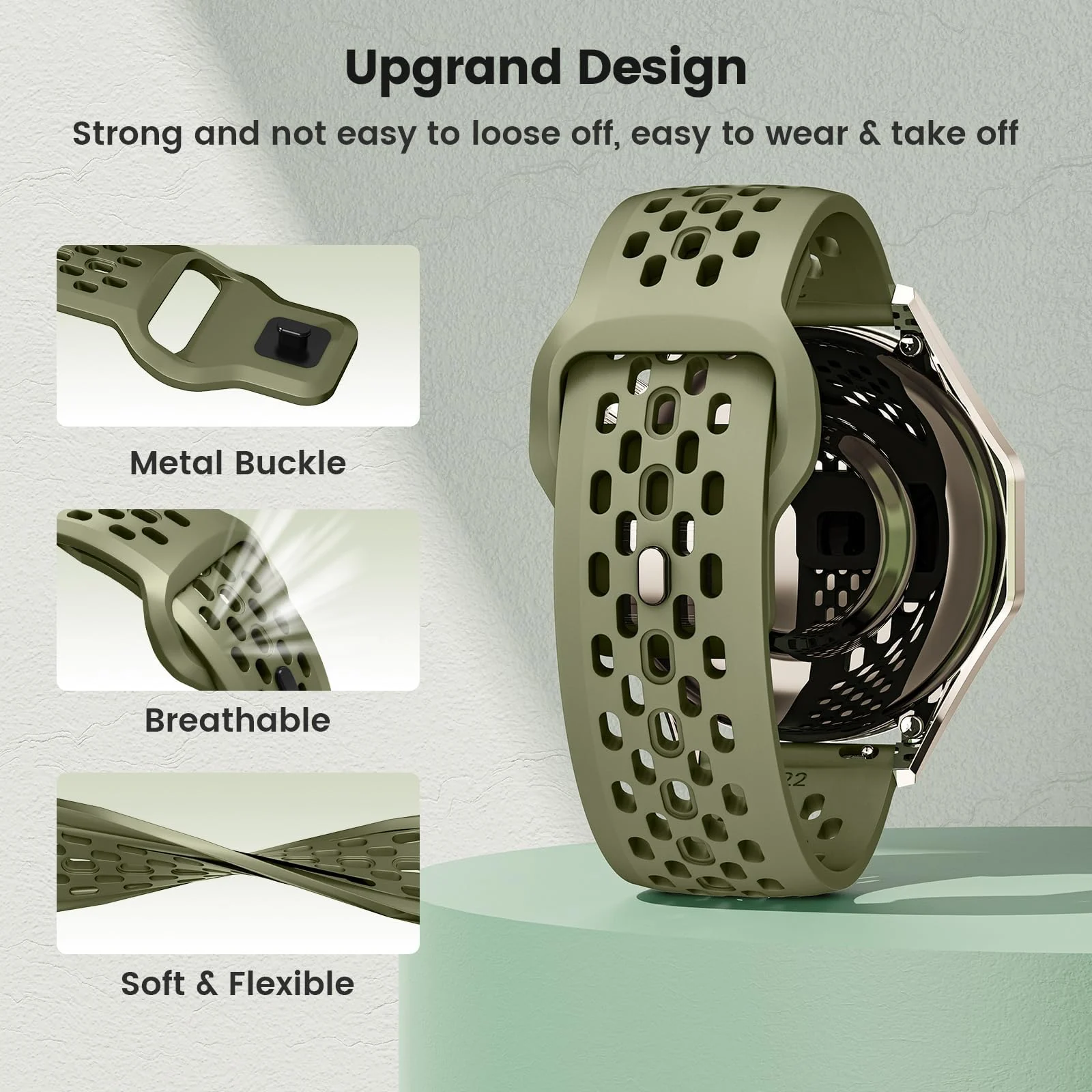 DL3 Mobilak 22mm Breathable Sport Band for Xiaomi Redmi Watch 5 Lite/5 Active/Samsung Galaxy Watch 3 45mm/Watch 46mm/Gear S3/Huawei watch GT6 GT5 GT4 GT3 GT2 (46MM)/GT2E/GT 3 Pro/GT 5 Pro, Soft Silicone Strap - Army Green