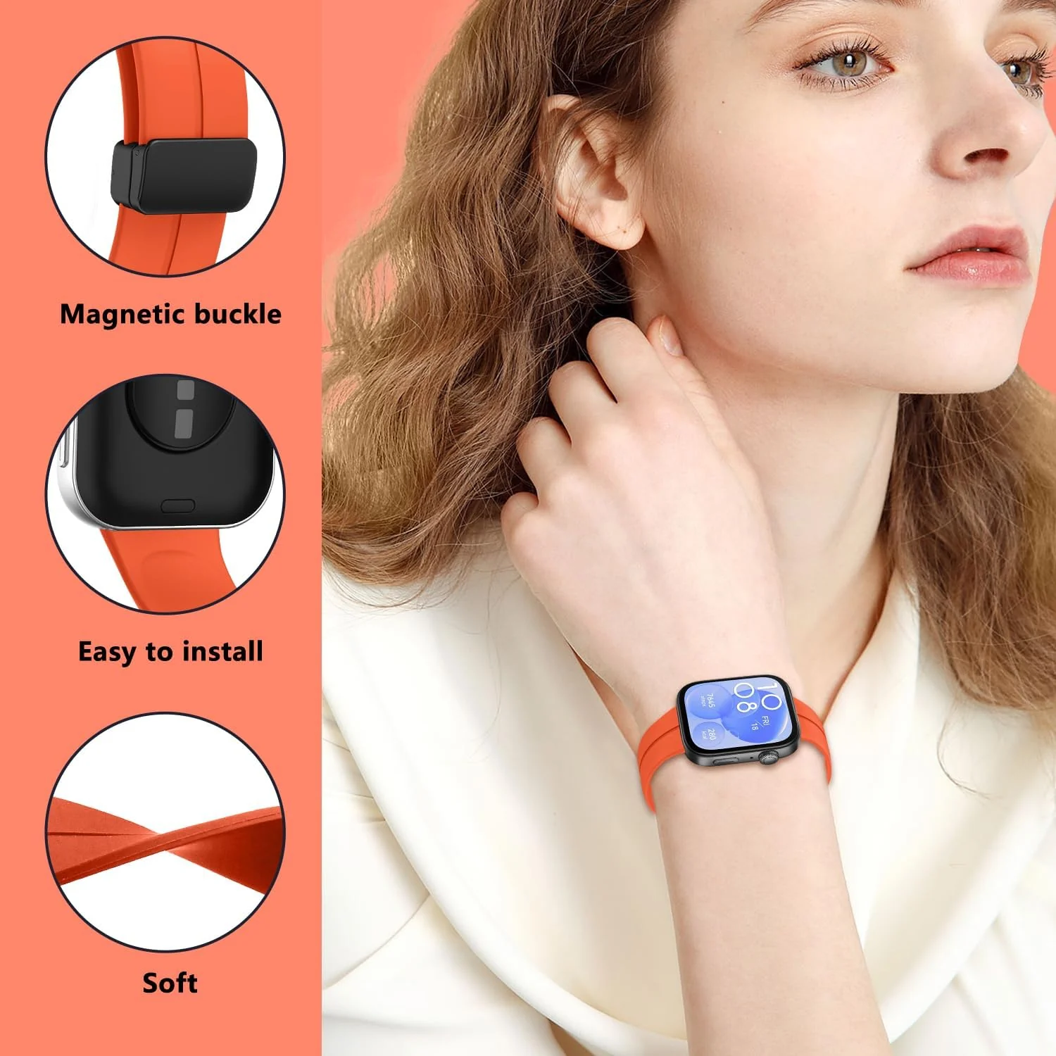 DL3 Mobilak Silicone Strap Compatible with Huawei Watch Fit 3/Watch Fit 4 Pro/Fit 4 Magnetic Metal Stainless Buckle Sport Silicone Strap, Band Quick Release Soft Replacment Wristband - Orange