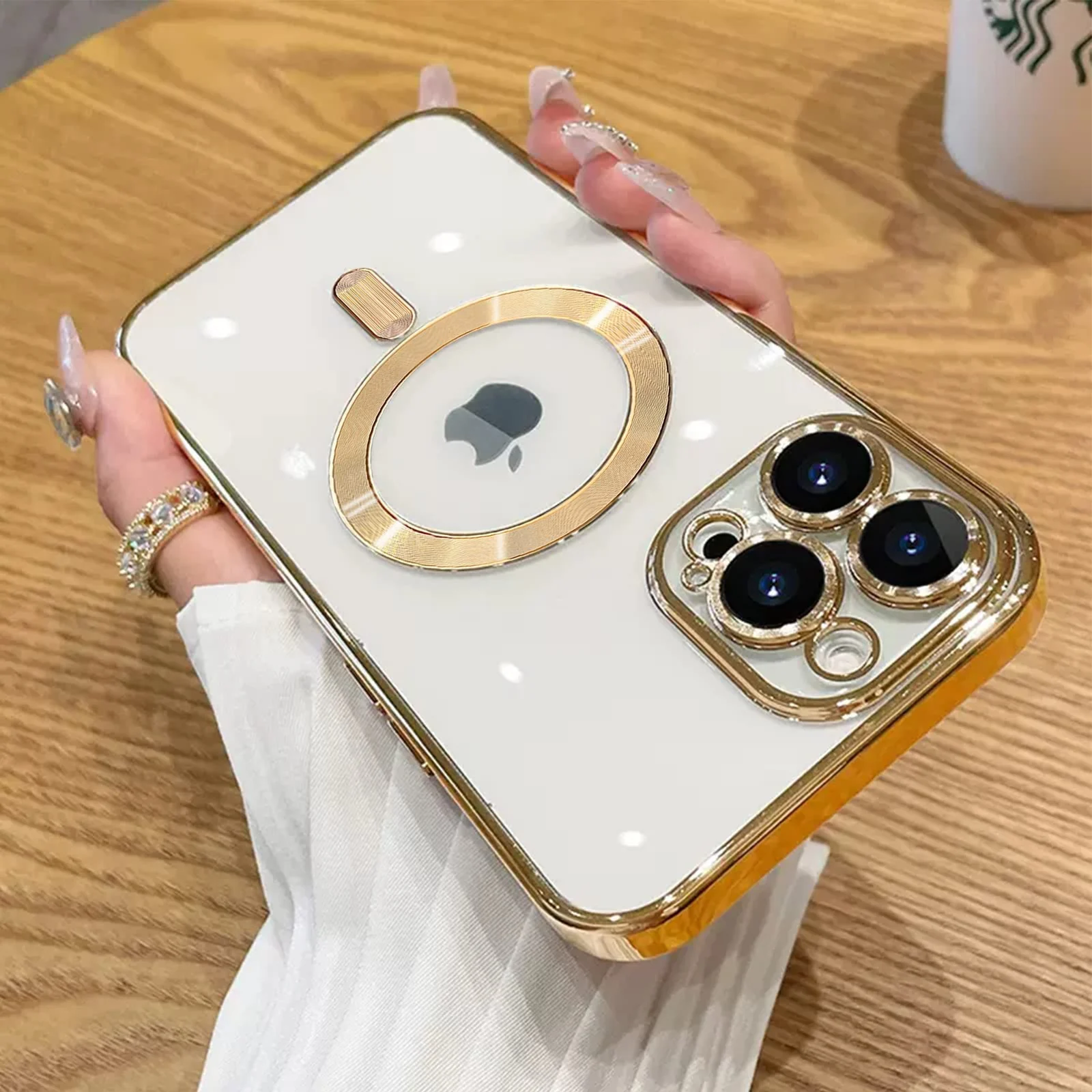 DL3 MOBILAK Case for iPhone 13 Pro (6.1 Inch) Compatible with MagSafe, with Camera Lens Protector, Magnetic Clear Case Slim Plated Protective Case - Gold