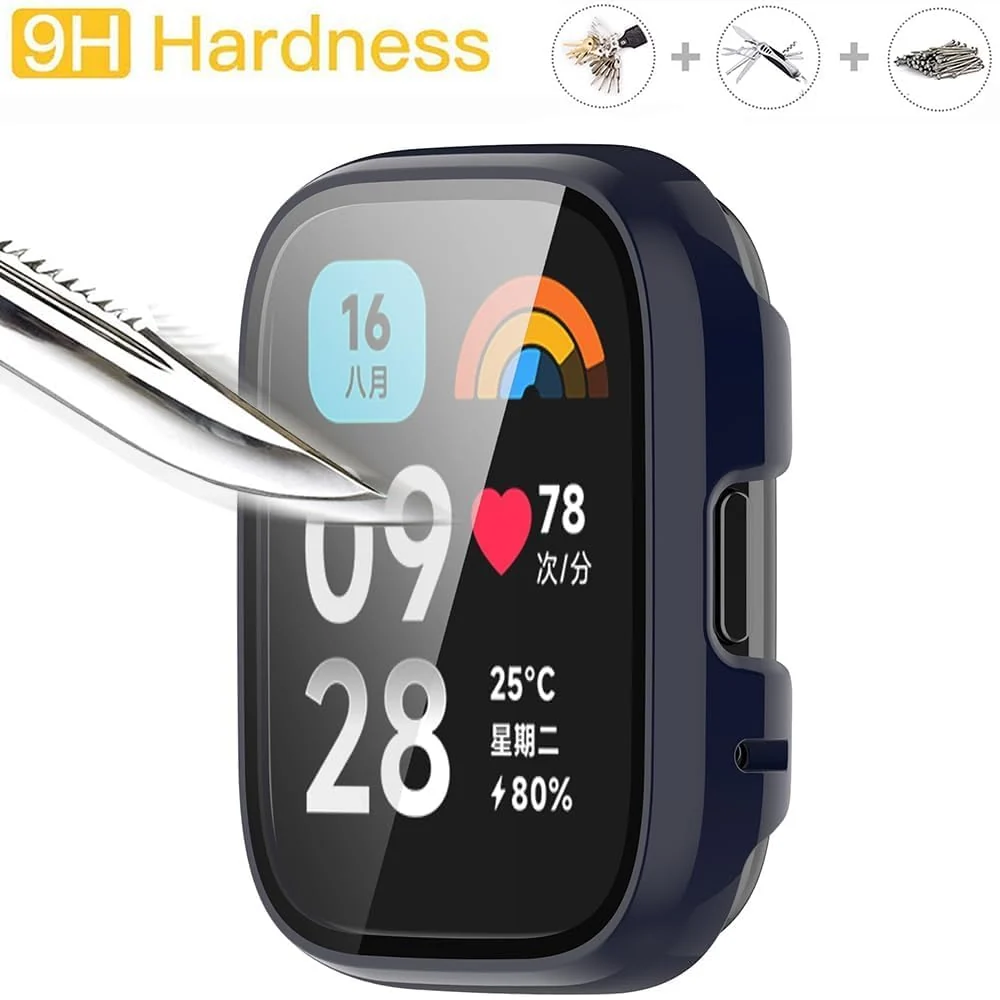 DL3 Mobilak Case with Screen Protector for Xiaomi Redmi Watch 3 Active/Redmi Watch 3 Lite, Bumper Full Coverage Hard PC Overall Protective Cover, Built-in Tempered Glass High Sensitivity - Blue
