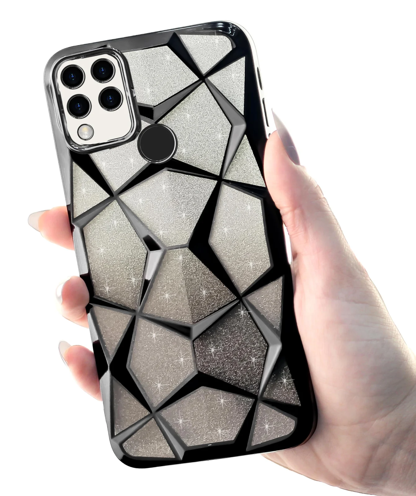 DL3 Mobilak Compatible with realme C15 Case Plating Bling Gradient Glitter Clear Cover Soft TPU Silicone Cute Camera Protection Shockproof Back for Women Girls Case - Black