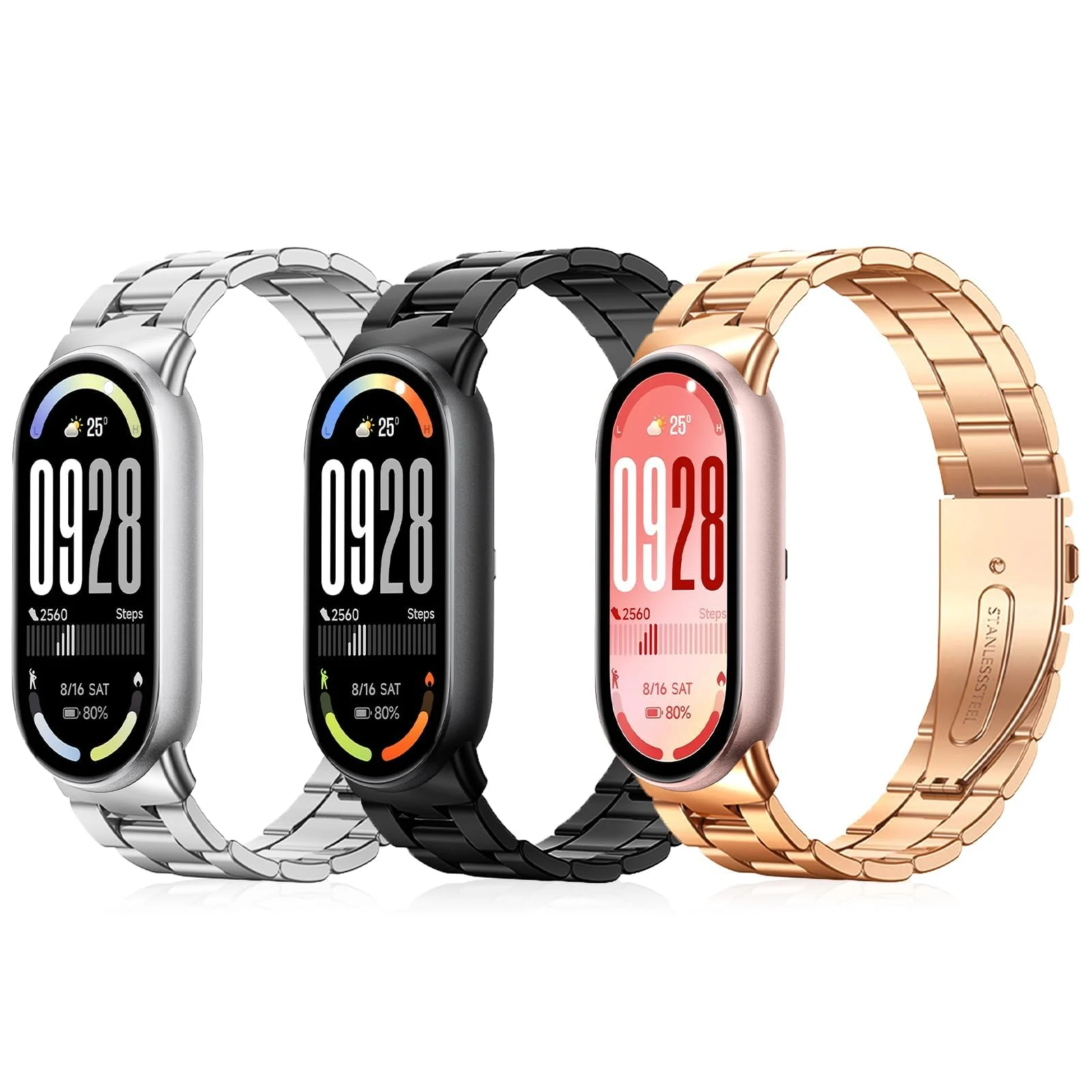 MOBIGON Stainless Steel Bracelet Strap with Double-Folding Clasp for Xiaomi Smart Band 8 / 9 / 10, Black