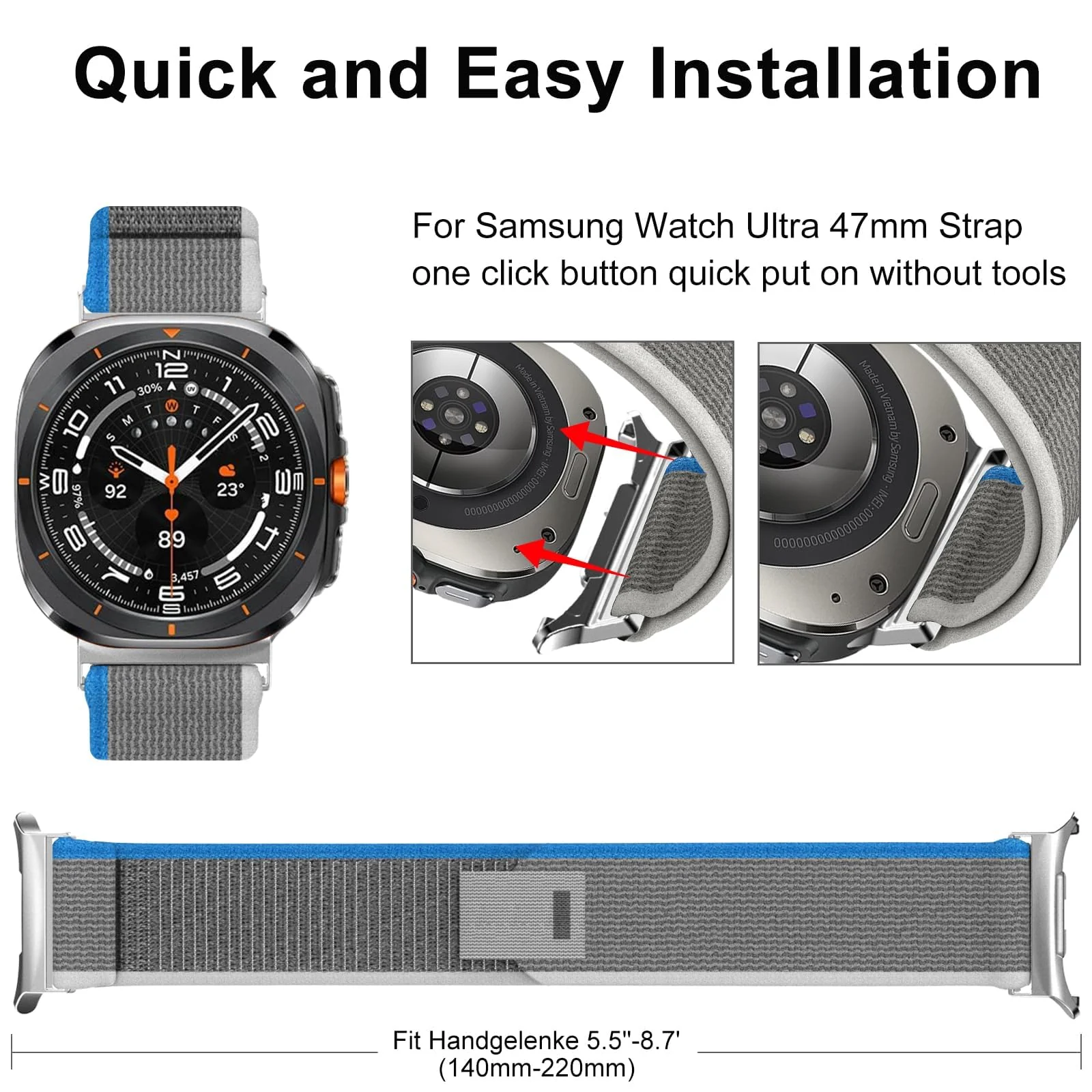 DL3 Mobilak For Samsung Galaxy Watch ultra Strap 47mm, One Click Trail Loop Strap for Men Women, Soft Nylon Sport Loop Elastic Replacement Wristband for Galaxy Watch 7 Ultra - Blue Gray