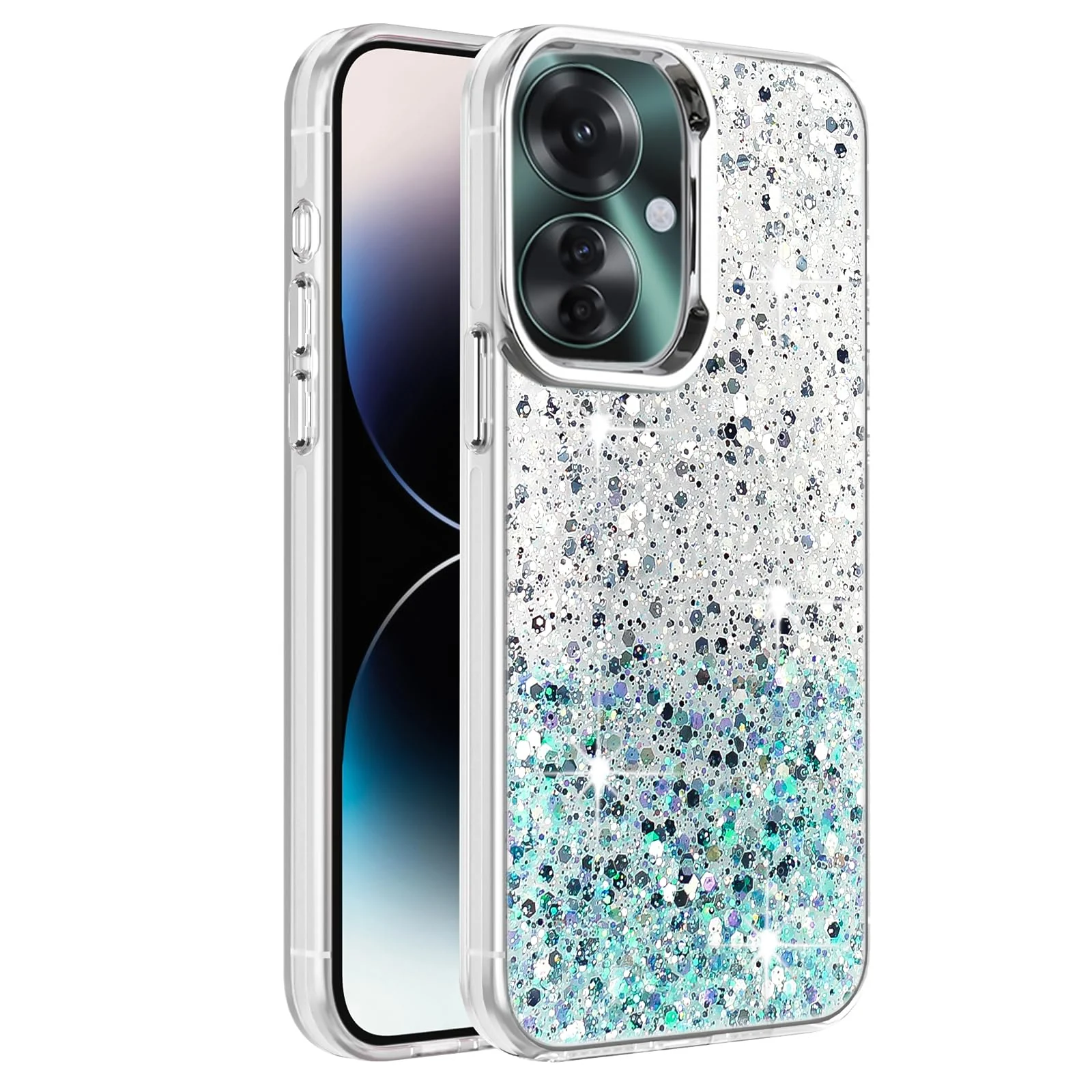 DL3 Mobilak Glitter Protective Case for OPPO Reno 11F / Reno11 F 5G, Supports wireless charging, Camera protection, Shock-absorbing protection - White Green
