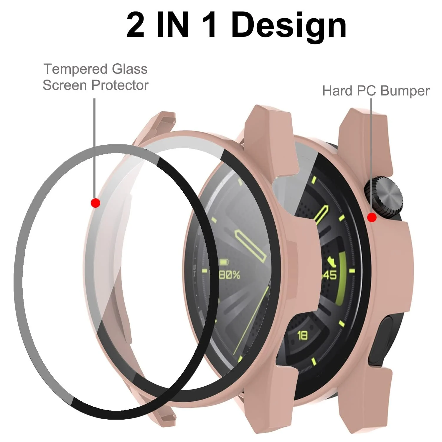 DL3 Mobilak Protective Case Compatible with Huawei Watch GT3 46mm 9H Hardness PC Case Bumper Full Slim Protective Cover with Tempered Glass For Huawei Watch GT 3 46mm - Pink